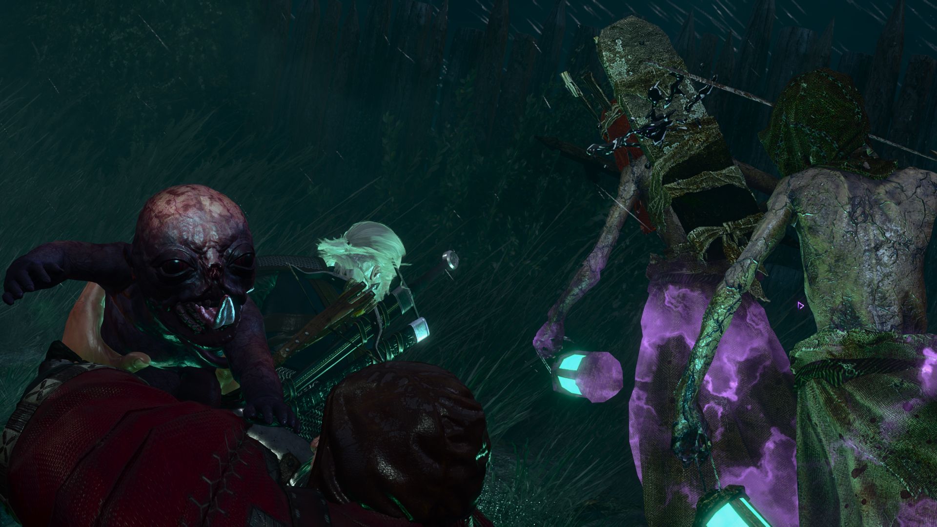 Geralt battles a pair of wraiths at night while the Baron struggles to hold the botchling steady.
