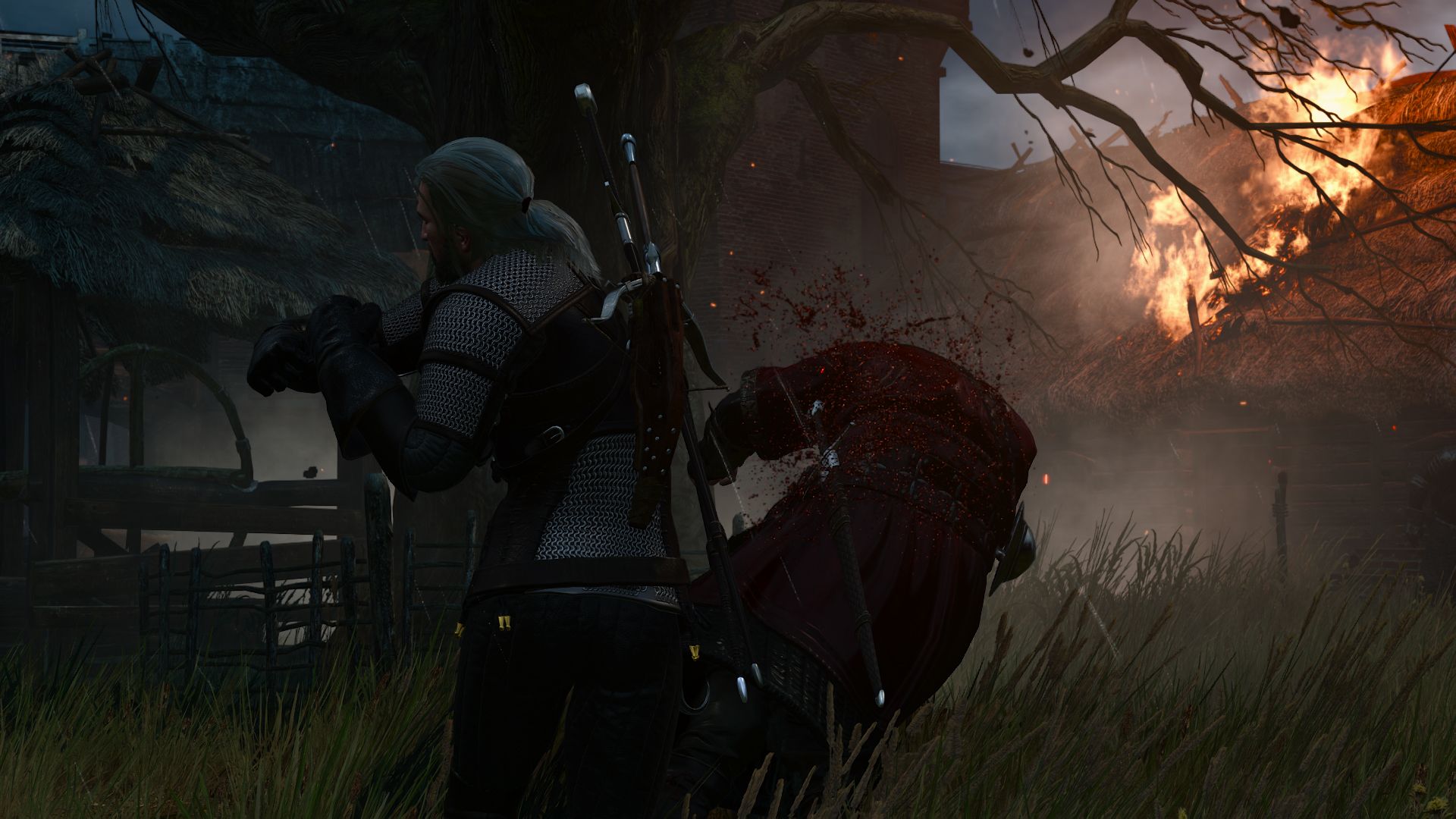 Geralt sends the Bloody Baron crashing to the ground with a burning building in the background.