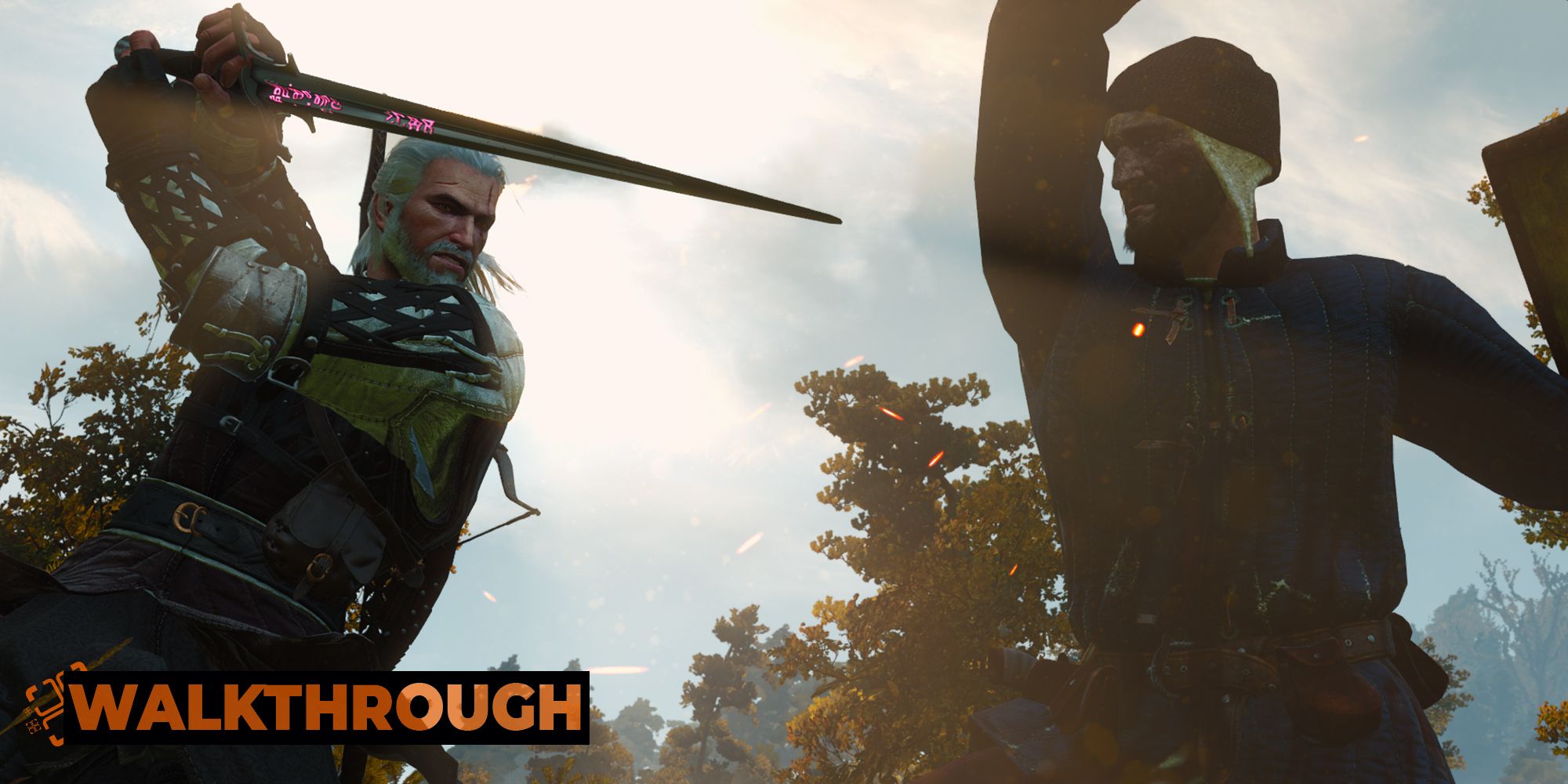 Geralt deflects a cut from a bandit, sending sparks flying on a sunny day in The Witcher 3.