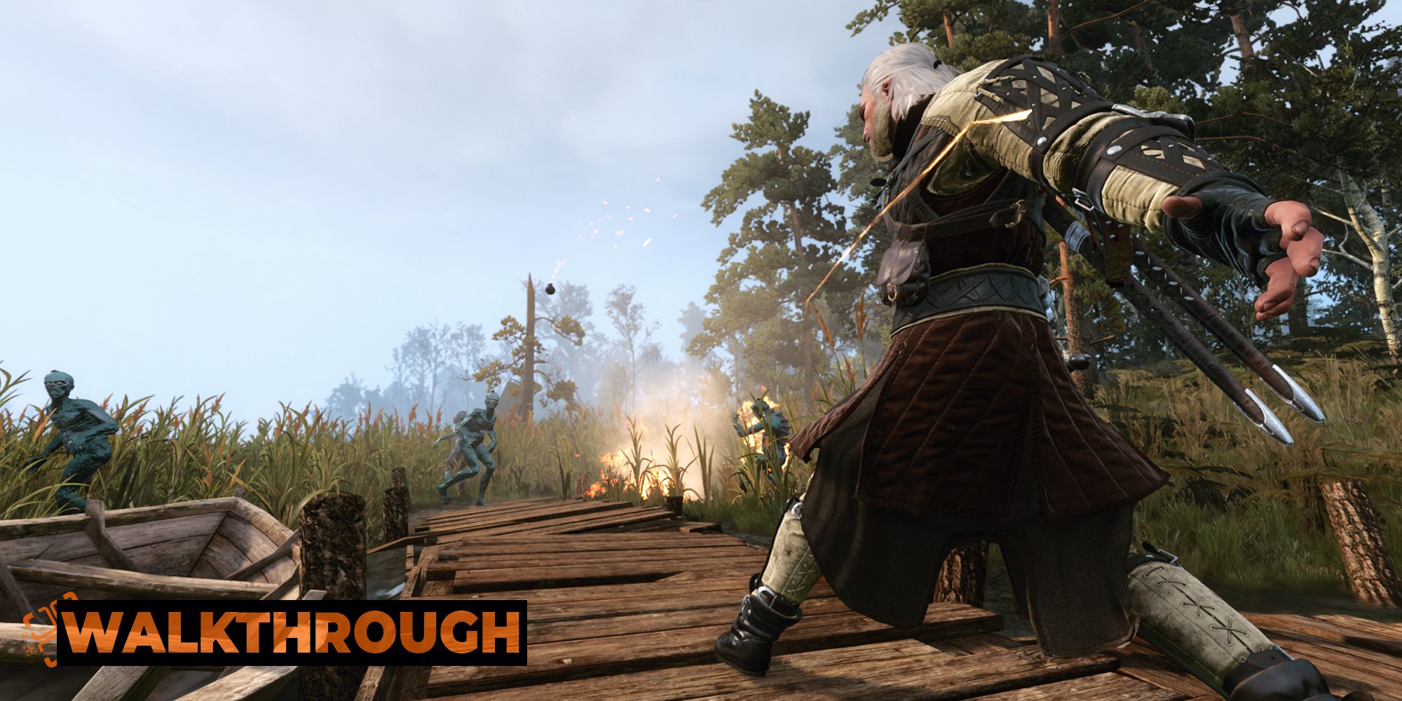 Geralt throws a bomb at a Drowner while standing on a rotted wooden dock.