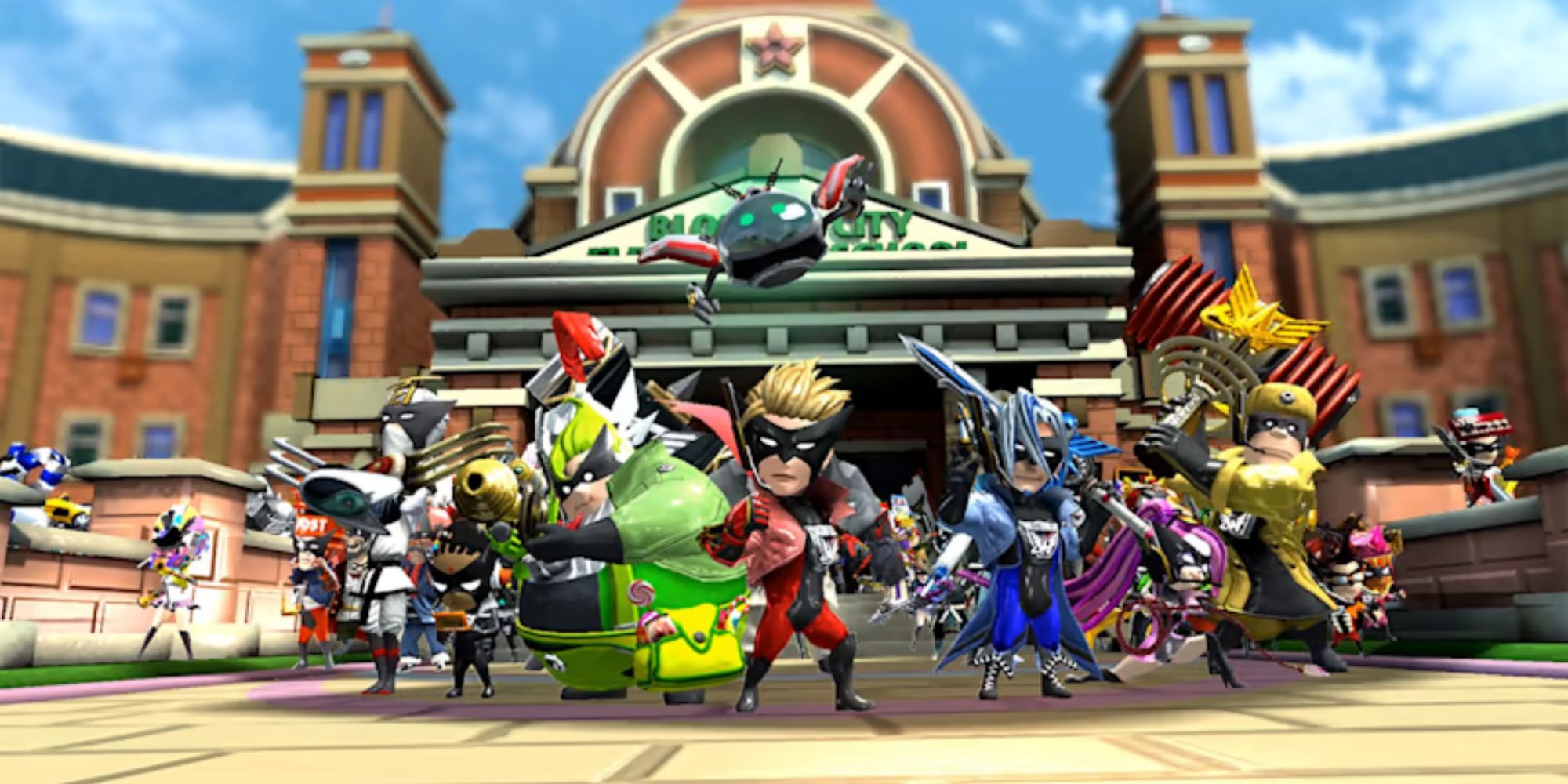A group of superheroes stand in front of City Hall