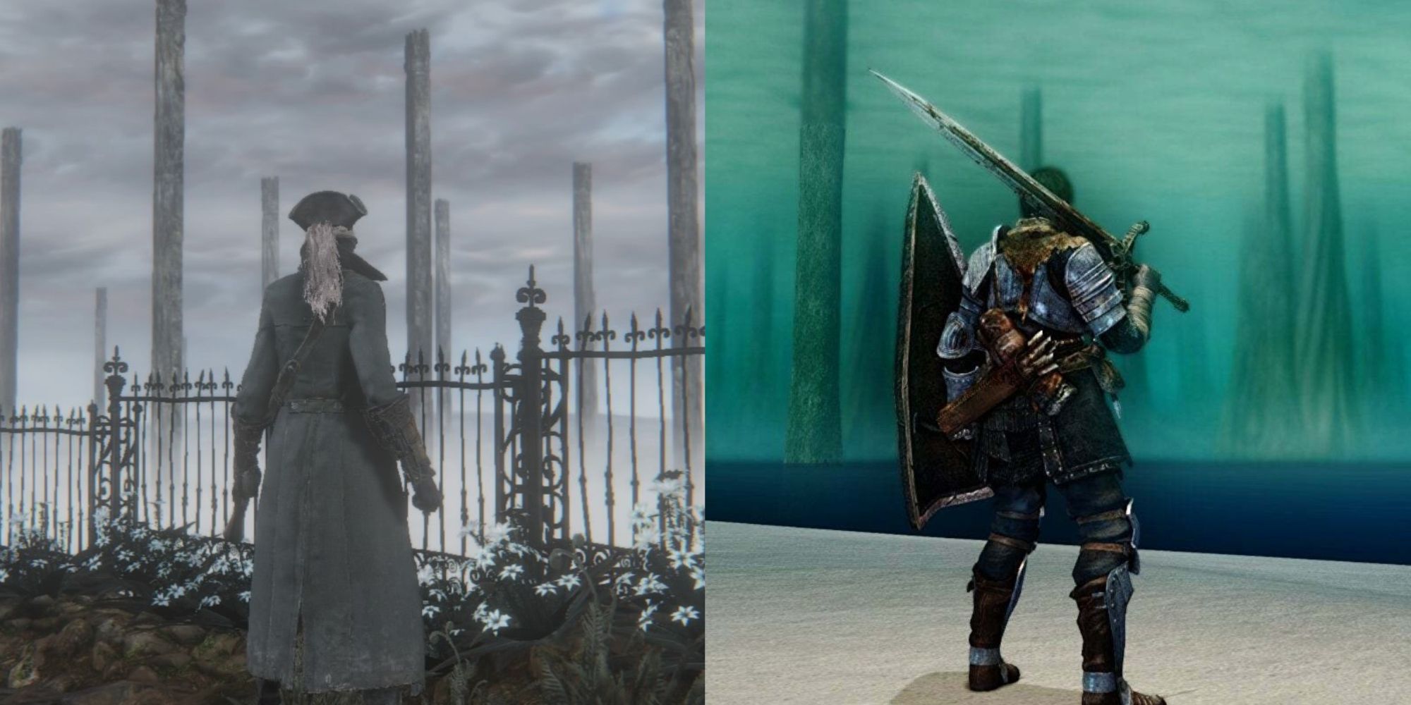 The main character beholds Archtrees in Bloodborne on the left and Dark Souls on the right.
