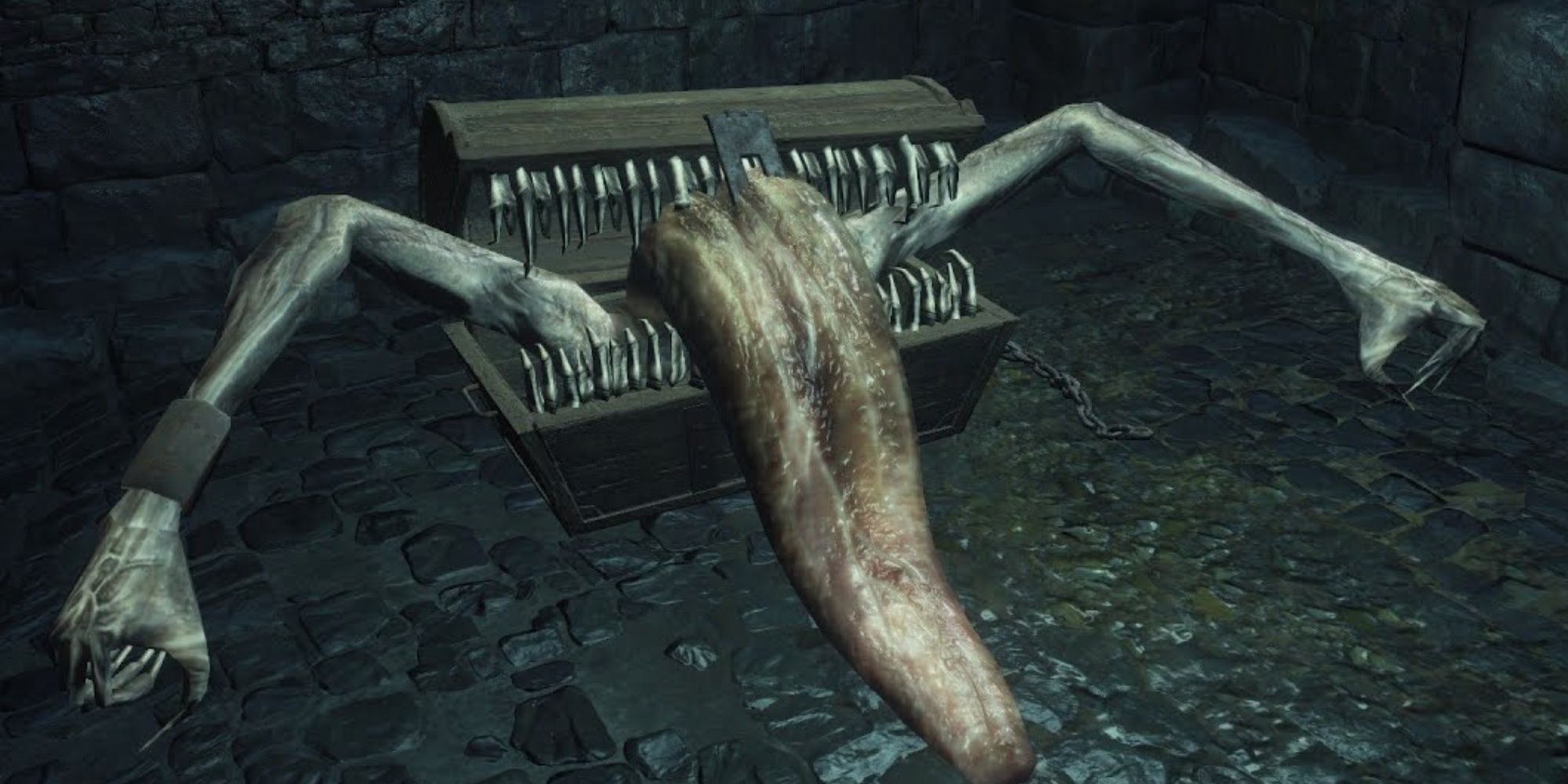 A Mimic chest opens its grotesque mouth, unfurling its long tongue.