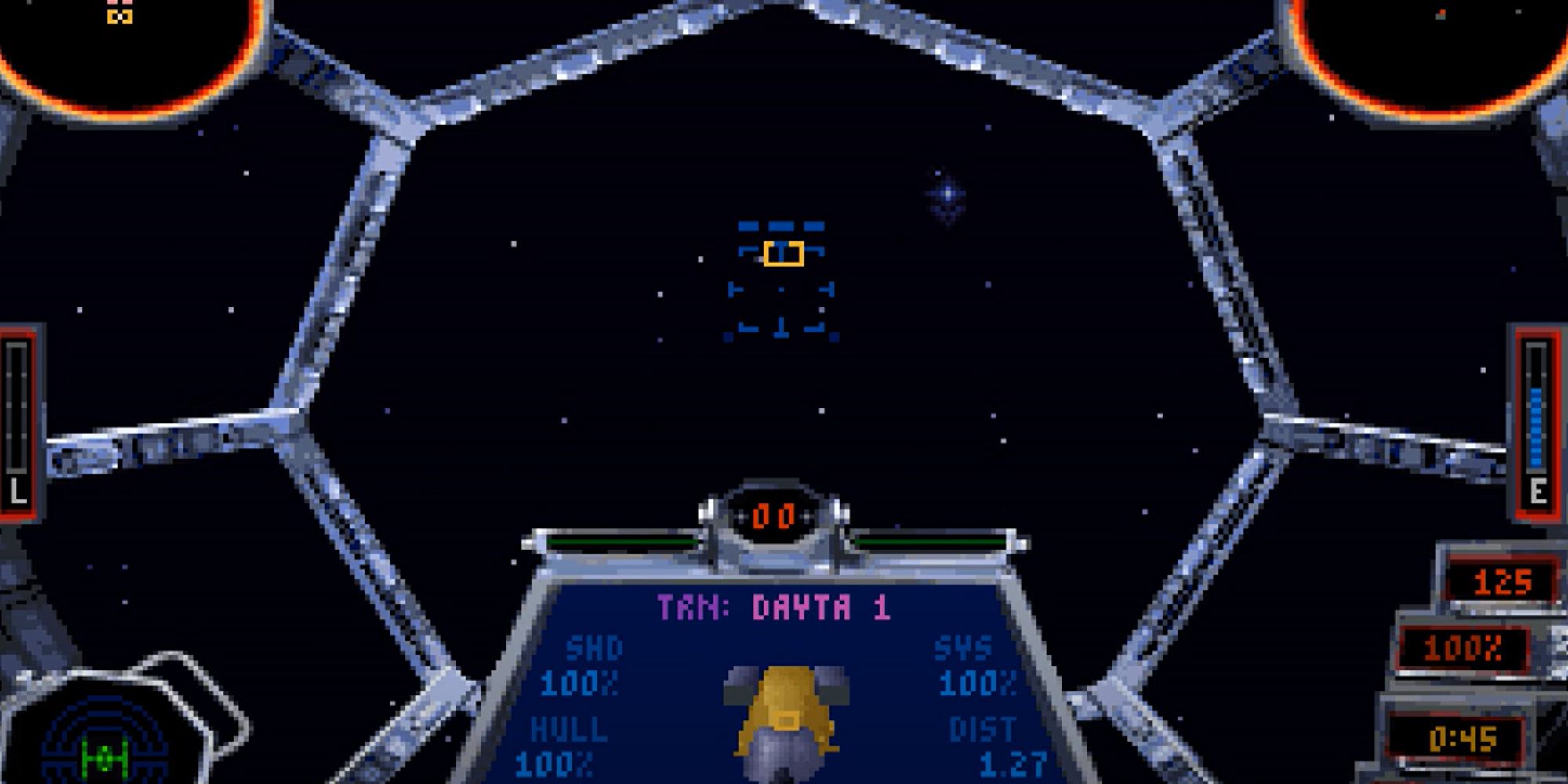 A view from inside the cockpit in Star Wars: Tie Fighter