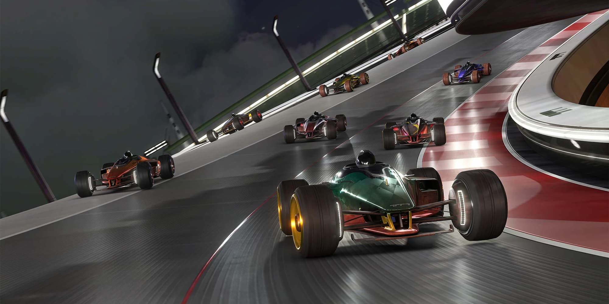 Dragsters turn around a corner during a night-time race in Trackmania.