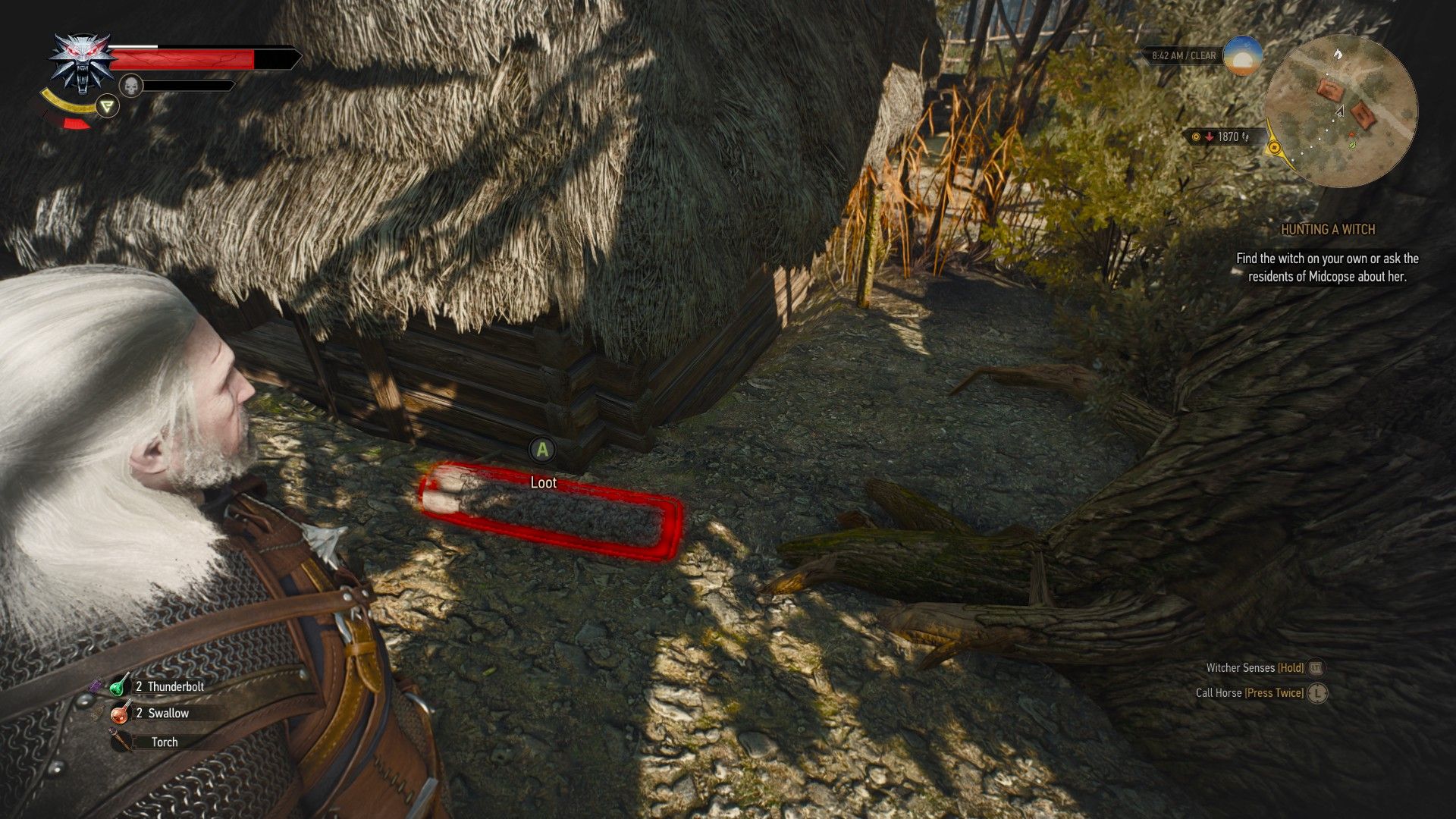 A screenshot showing where one can find a quest reward, from a log hidden behind a house.