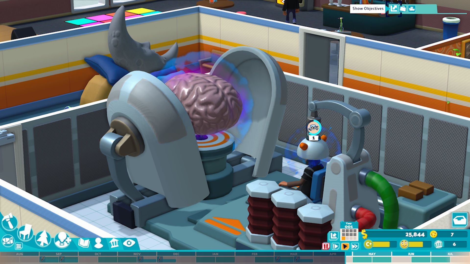 A teacher uses the training pod to upgrade their skills in Two Point Campus