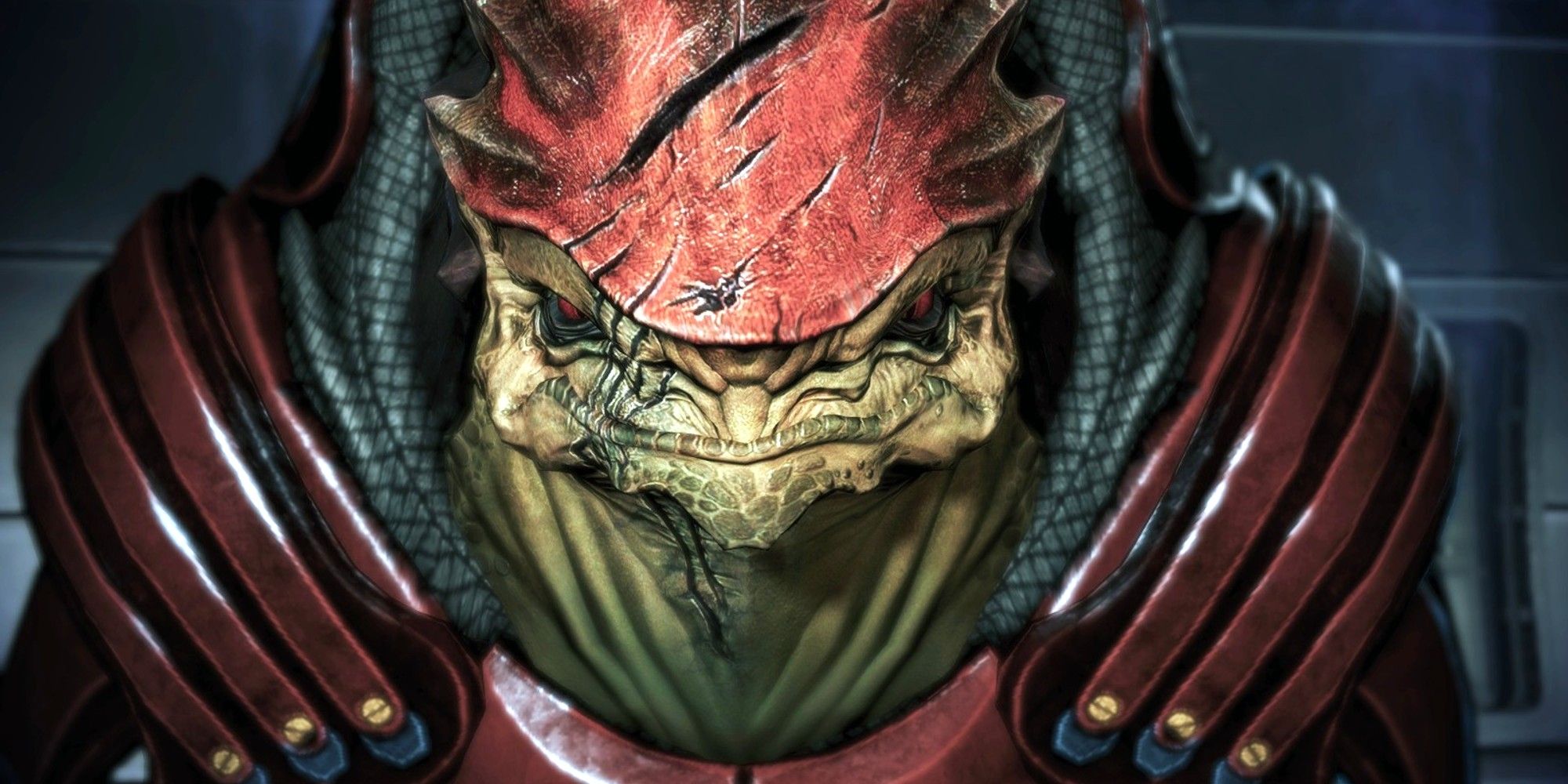 Urdnot Wrex glaring at the camera in Mass Effect.