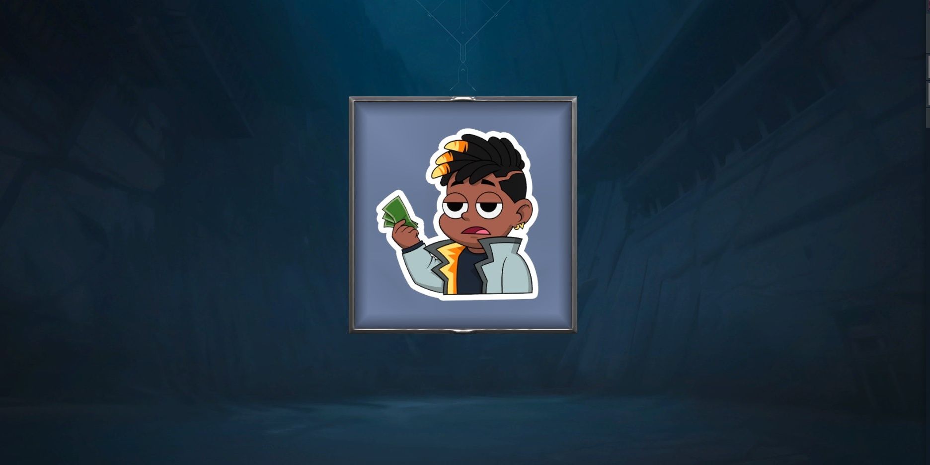 Valorant collection preview of the I Have Three Creds spray featuring Phoenix holding three one-dollar bills