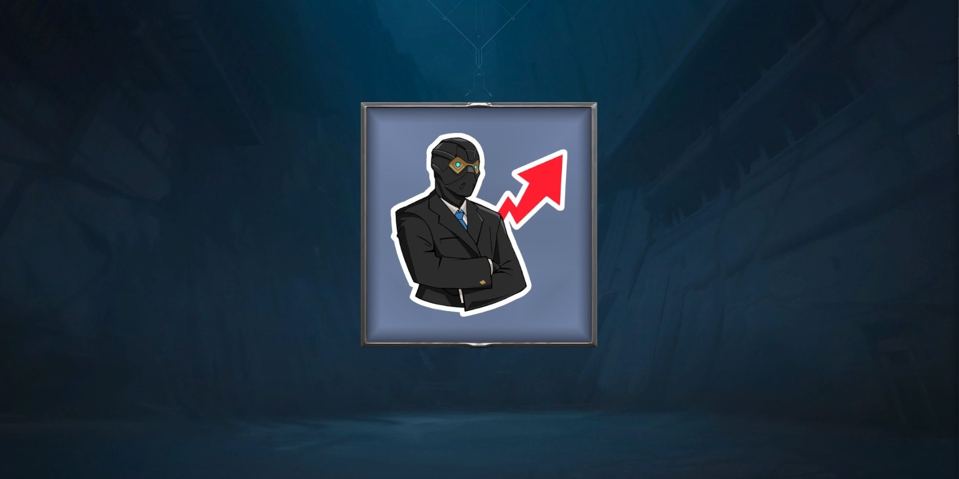 Valorant collection preview of the Just Businesss spray featuring a hatless Cypher dressed in a suit with an upward pointing arrow behind him