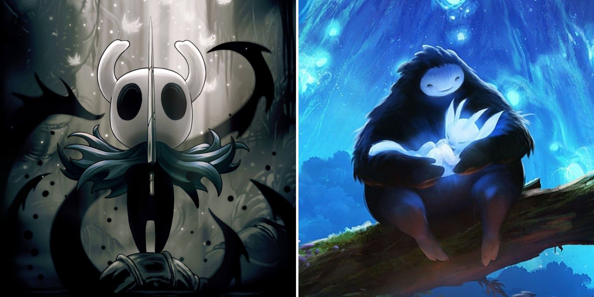 Key art for Hollow Knight and Ori and the Blind Forest.