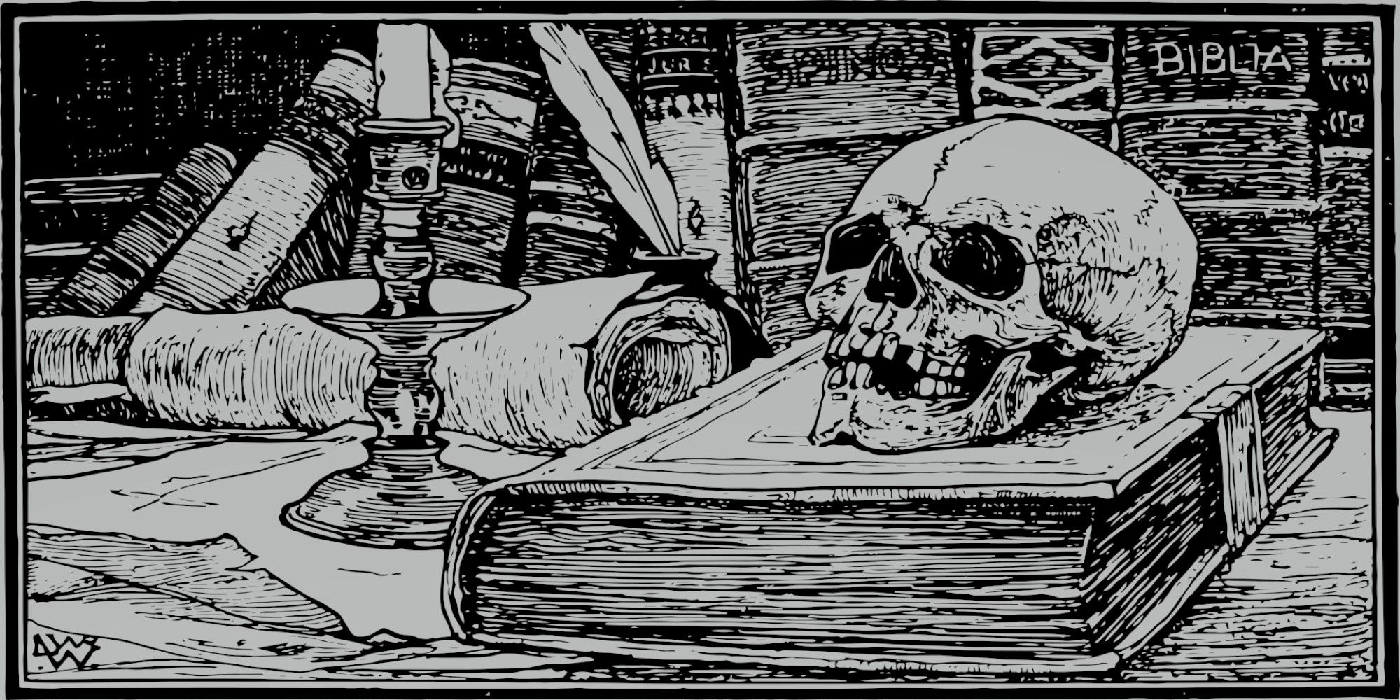 A villain's desk, featuring thick books and a human skull.