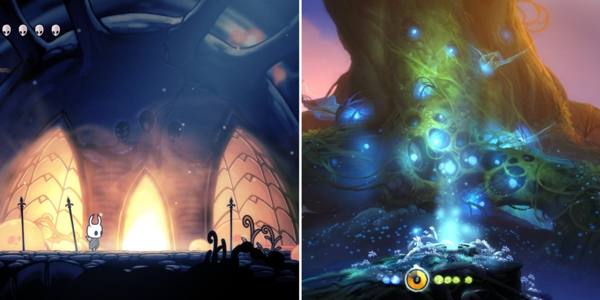Two screenshots of appealing visuals from Hollow Knight and Ori and the Blind Forest.