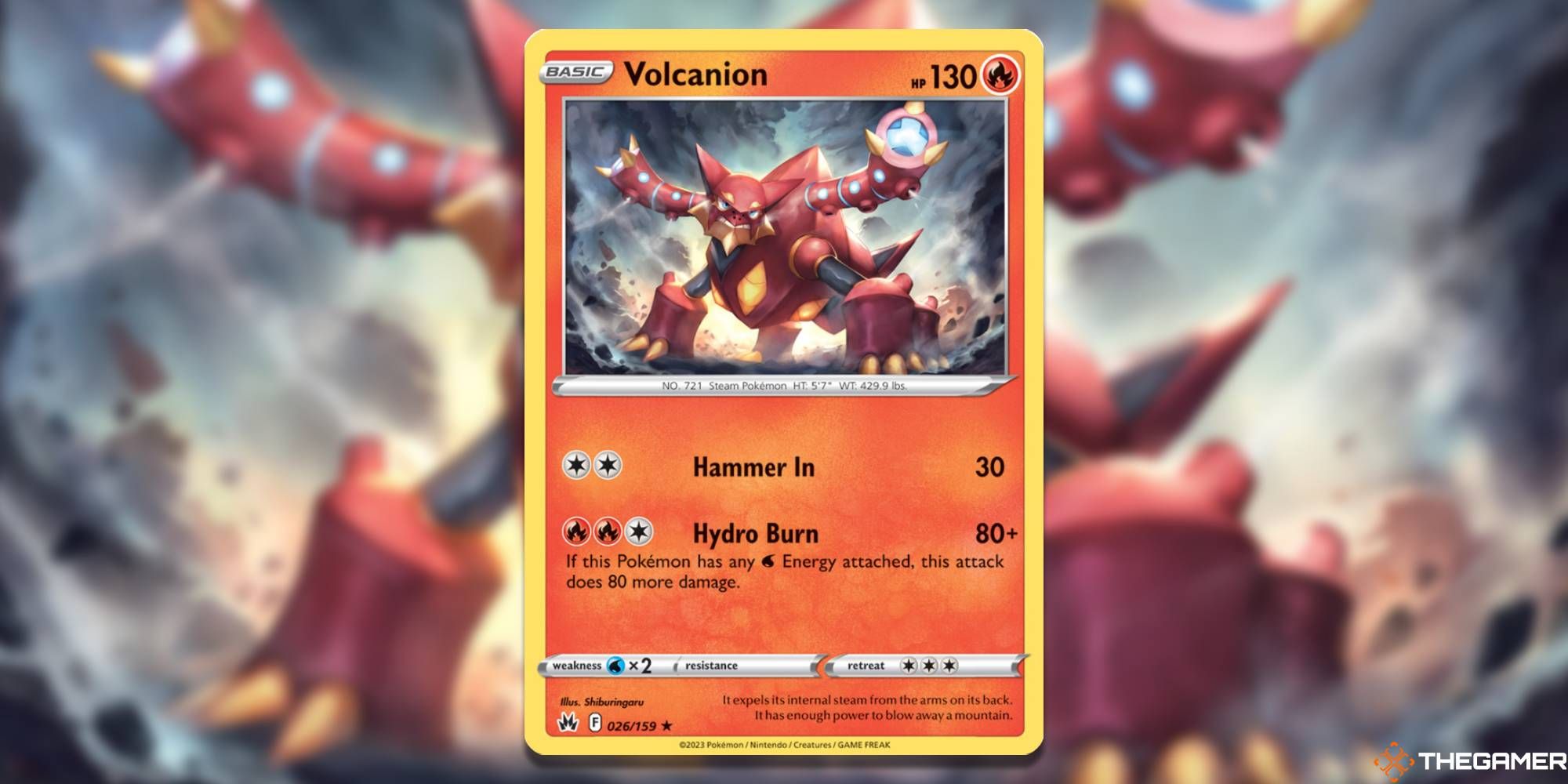 Pokemon TCG: Volcanion from Crown Zenith, with blurred background