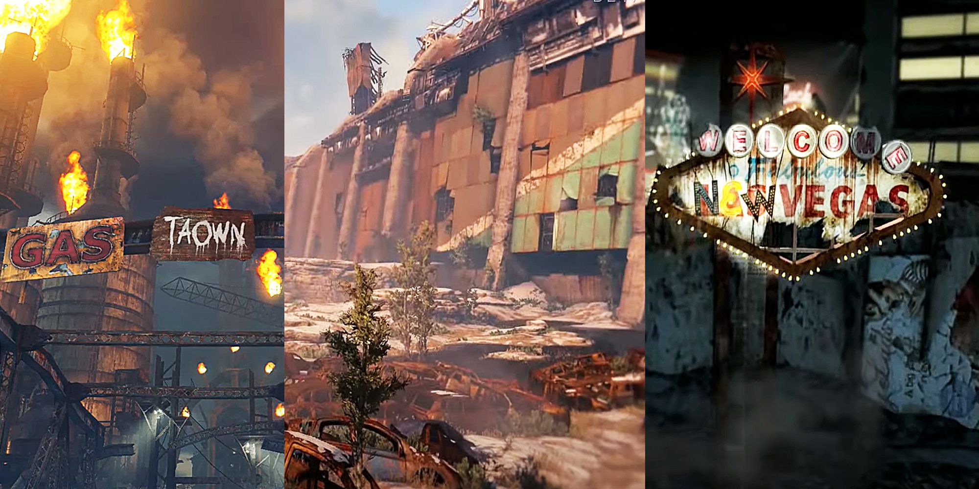 Feature image showing different walls in games: Gas Town, Cosmodrome, and New Vegas Teaser