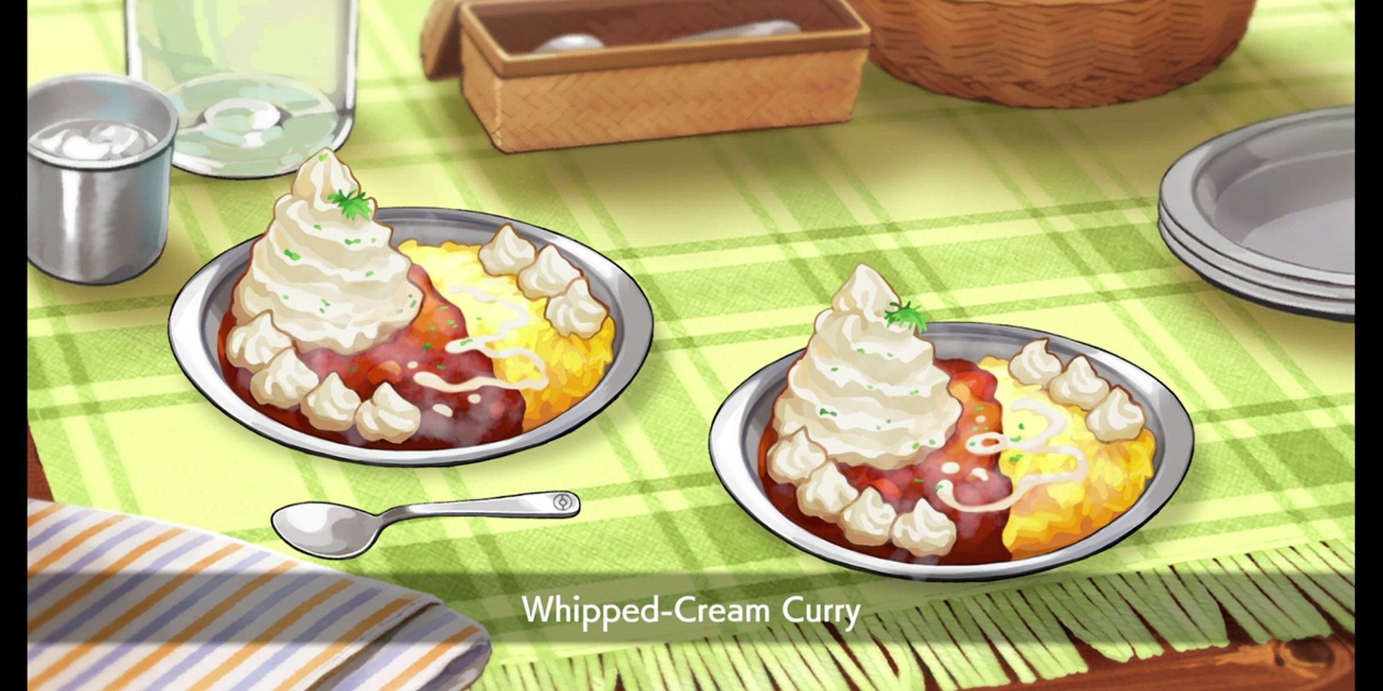 Two plates of Whipped-Cream Curry from Pokemon Sword & Shield are placed onto a table with whipped cream stacked high