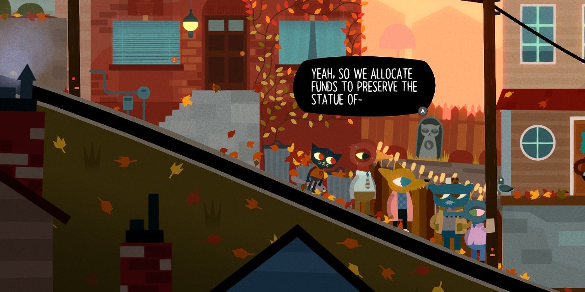 Townsfolk gather to argue over planned changes in Possum Springs in Night in the Woods