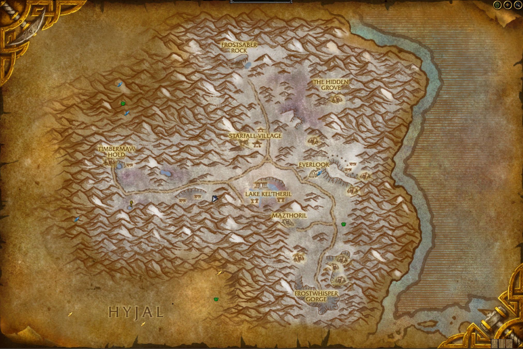 A map of the Winterspring zone in World of Warcraft