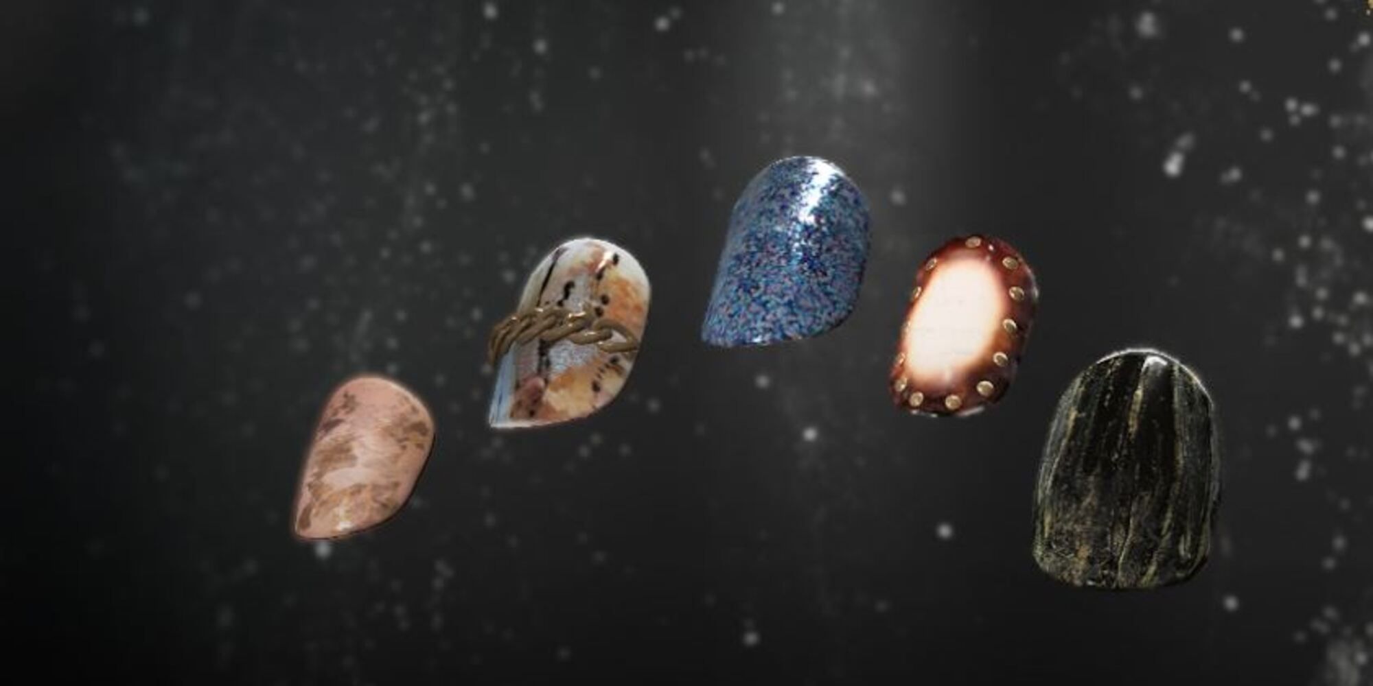 Wisdom Nails in Forspoken, multicolored earthy tone nails with blue, green/brown, pink brown, and swirls and patters