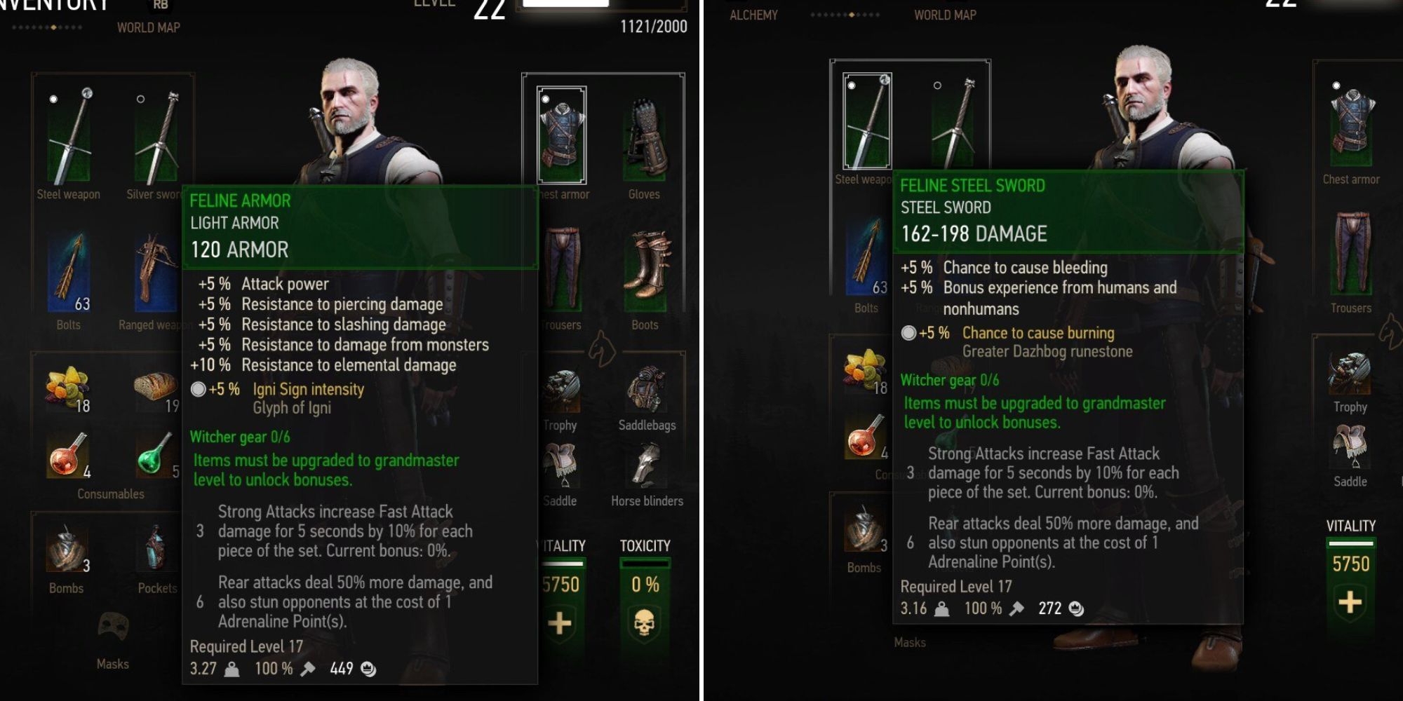 Geralt wearing Feline armor with a Feline steel and silver sword equipped.