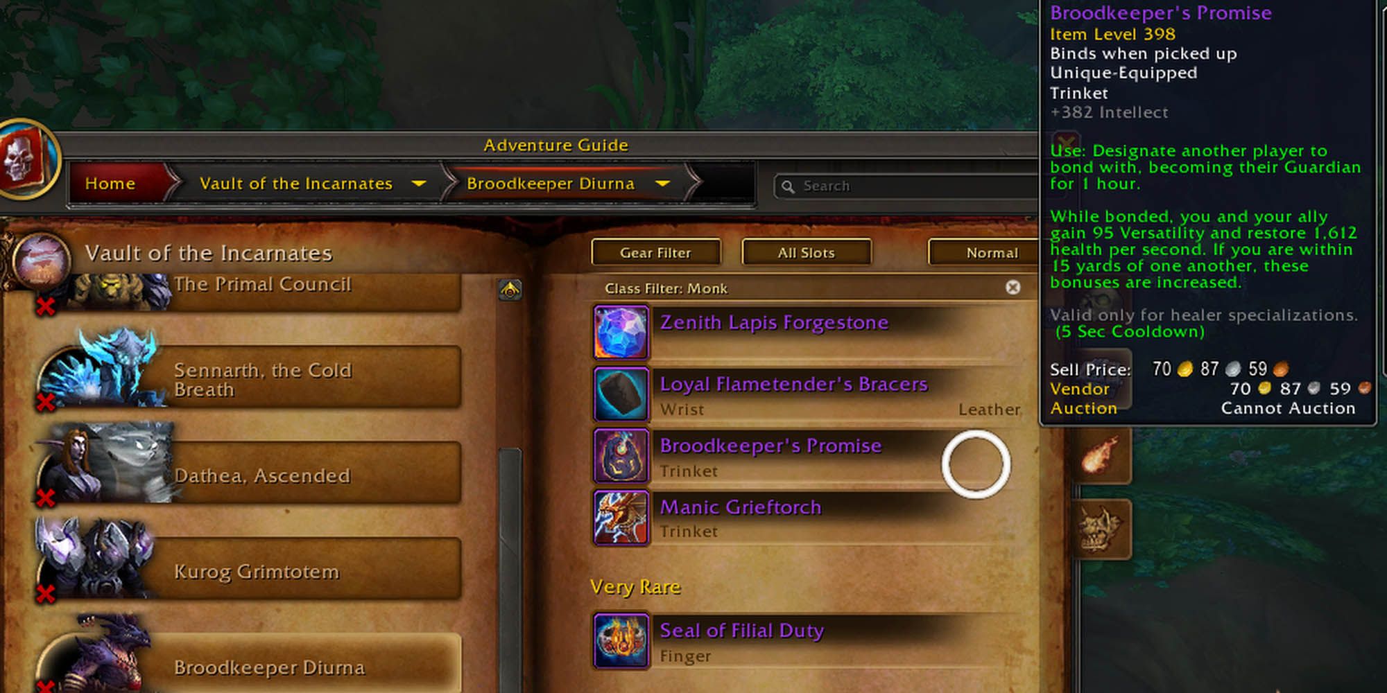World of Warcraft loot journal showing Broodkeeper's Promise