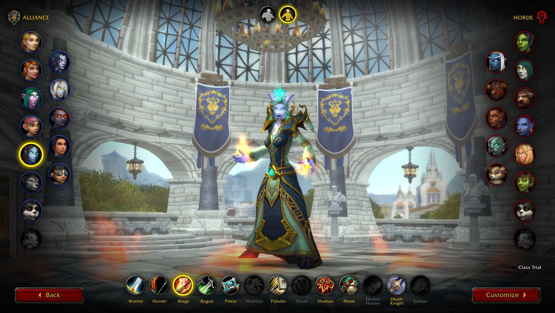 The character creation screen for a Draenei fire mage in World of Warcraft.
