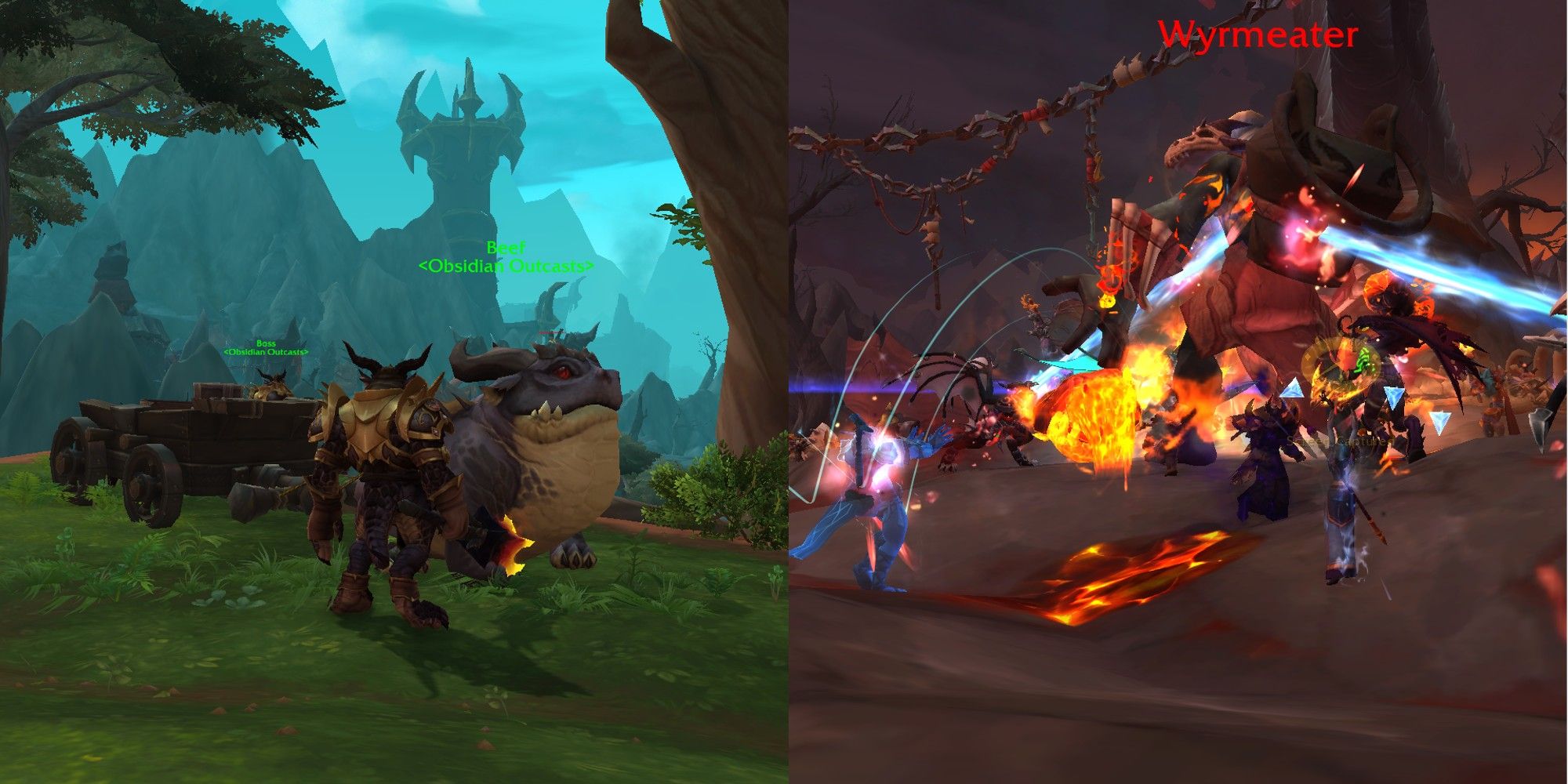 A split image of the beginning and an action shot of Dragonbane Keep in World of Warcraft.
