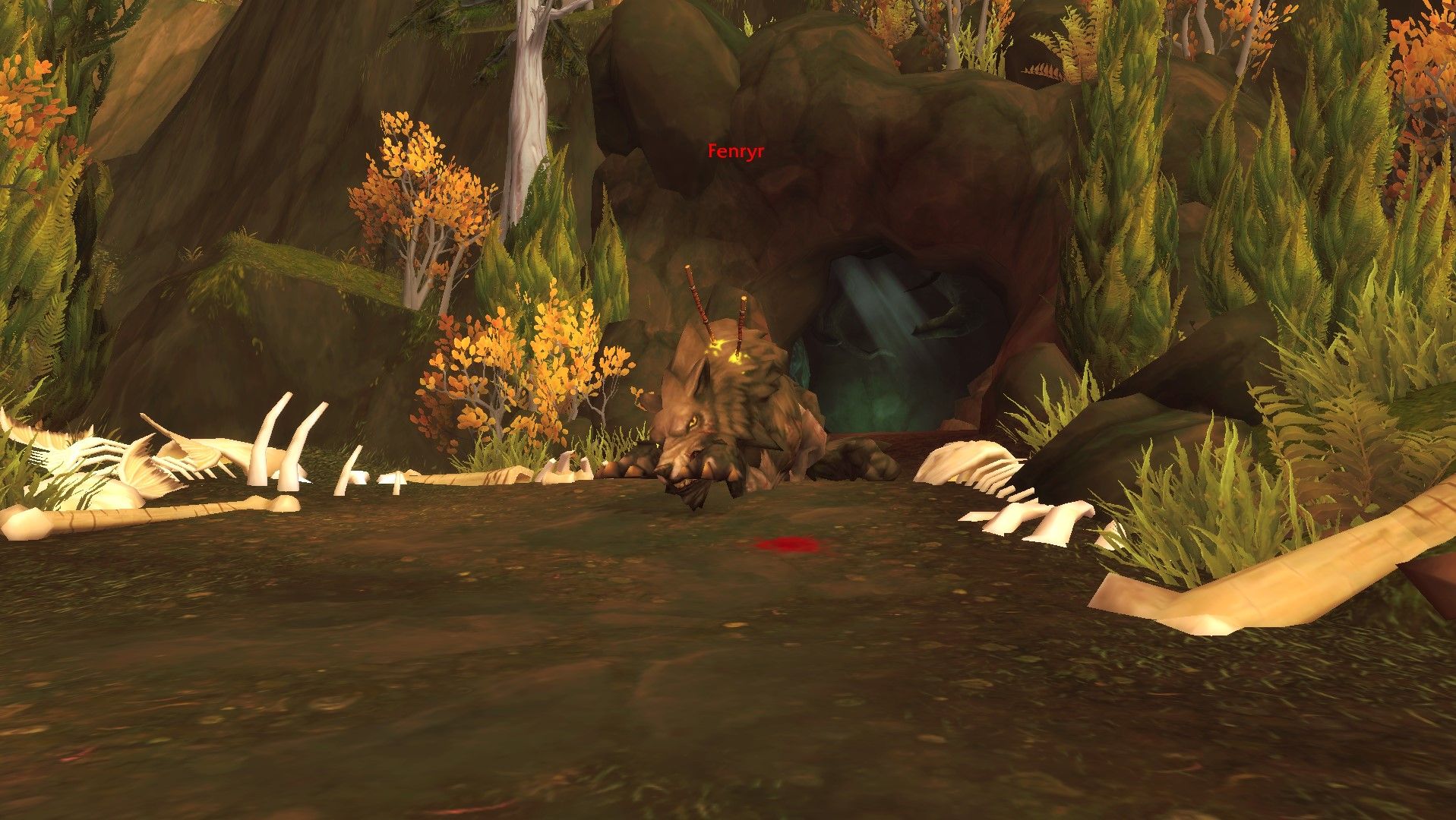 Fenryr licking his wounds halfway through his boss fight in Halls of Valor in World of Warcraft.