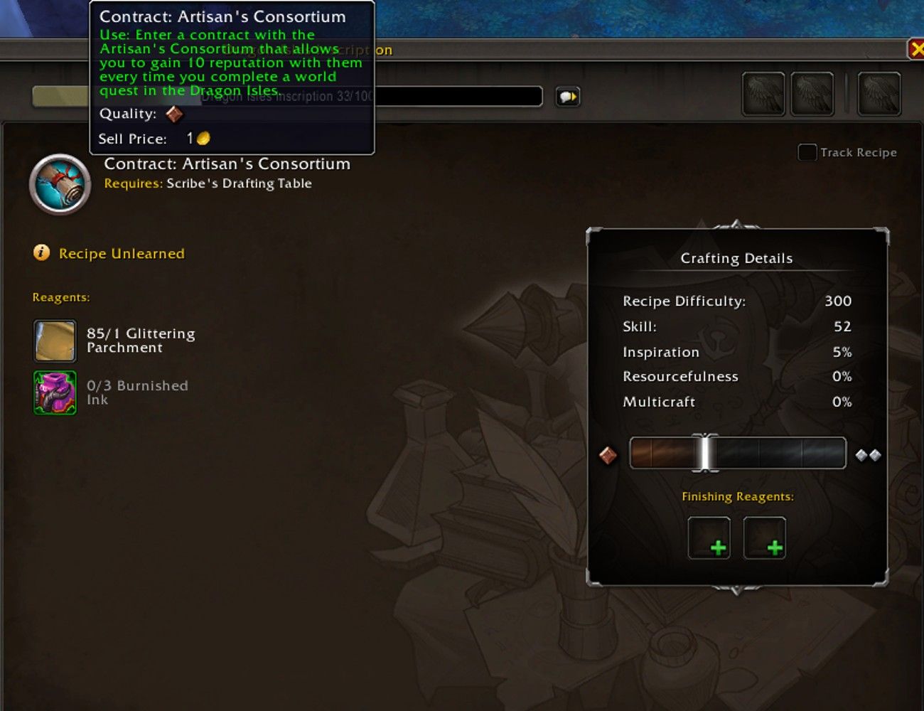 The Inscription crafting screen for Contracts in World of Warcraft.