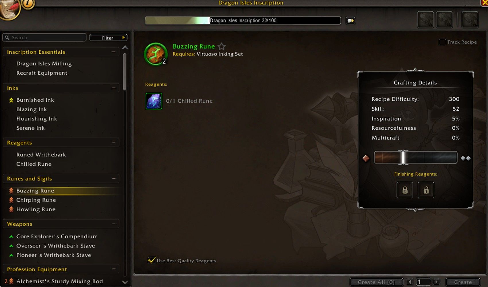 The available Inscription recipes at level 33 in World of Warcraft.