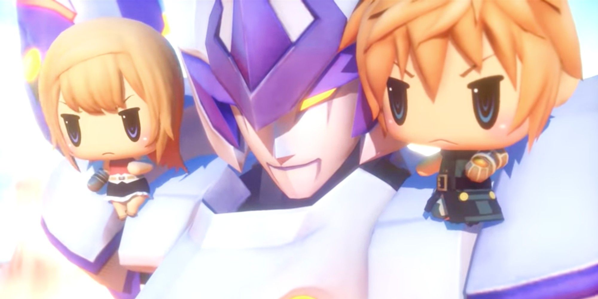 Main characters Reynn and Lann ride on the sholders of XG Summon
