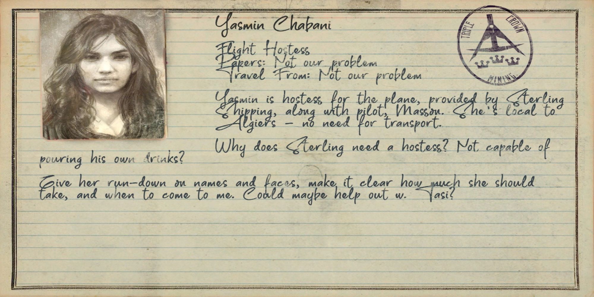 A screenshot of a dossier entry for Yasmin Chabani showing key information in Amnesia: Rebirth