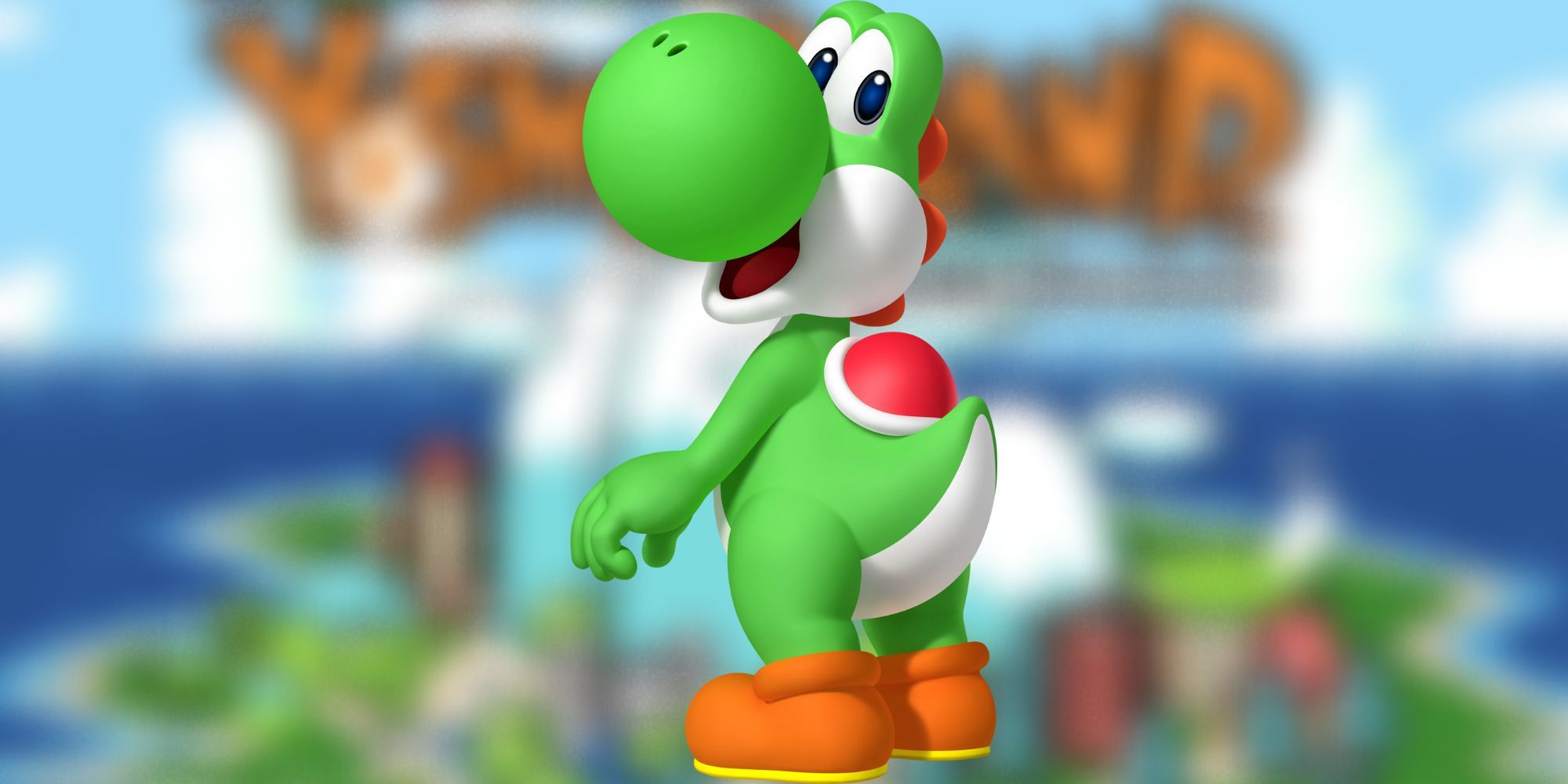 Yoshion a backdrop of Yoshi's Island