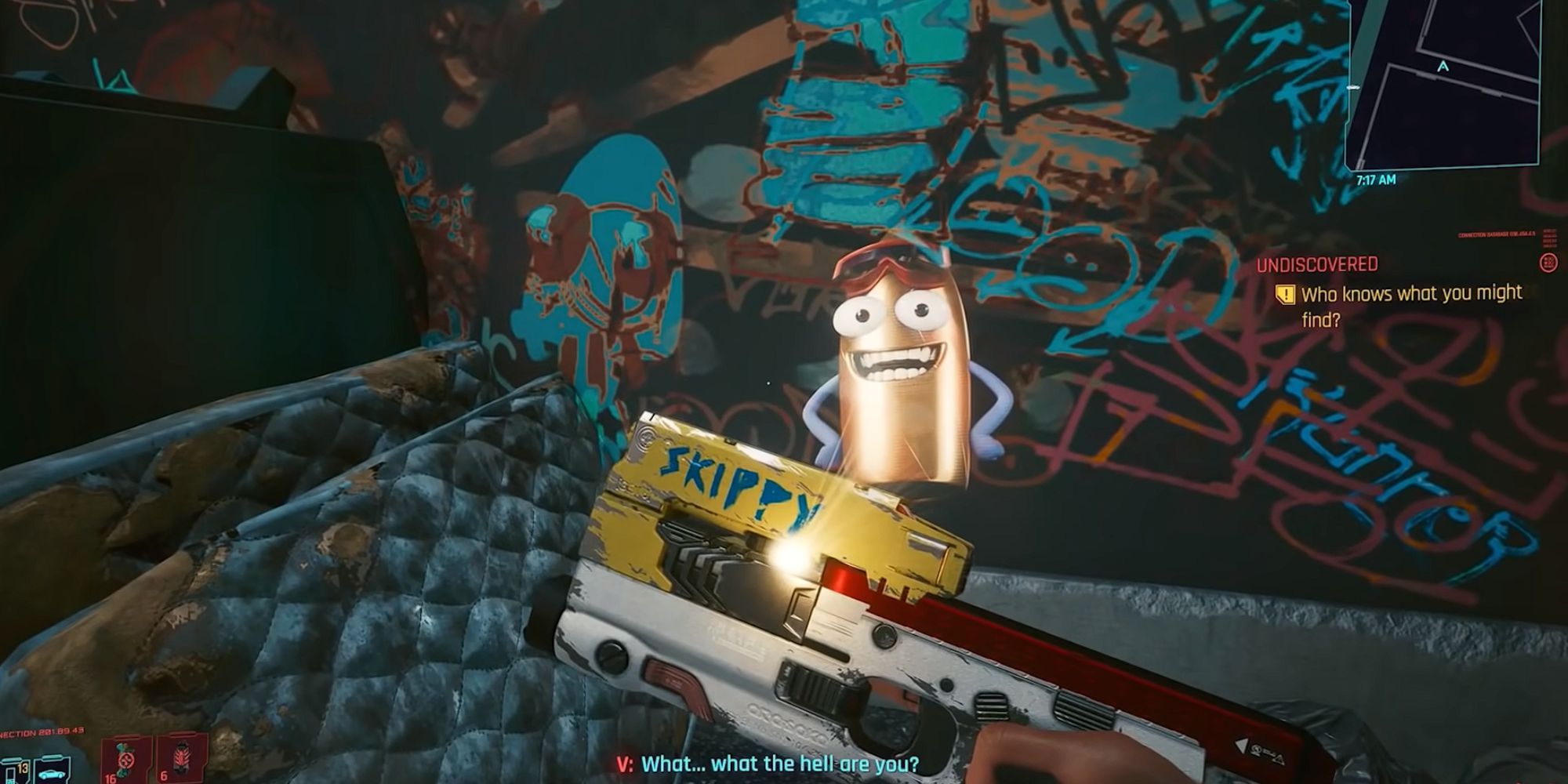 V looks at Skippy's animation coming from the gun