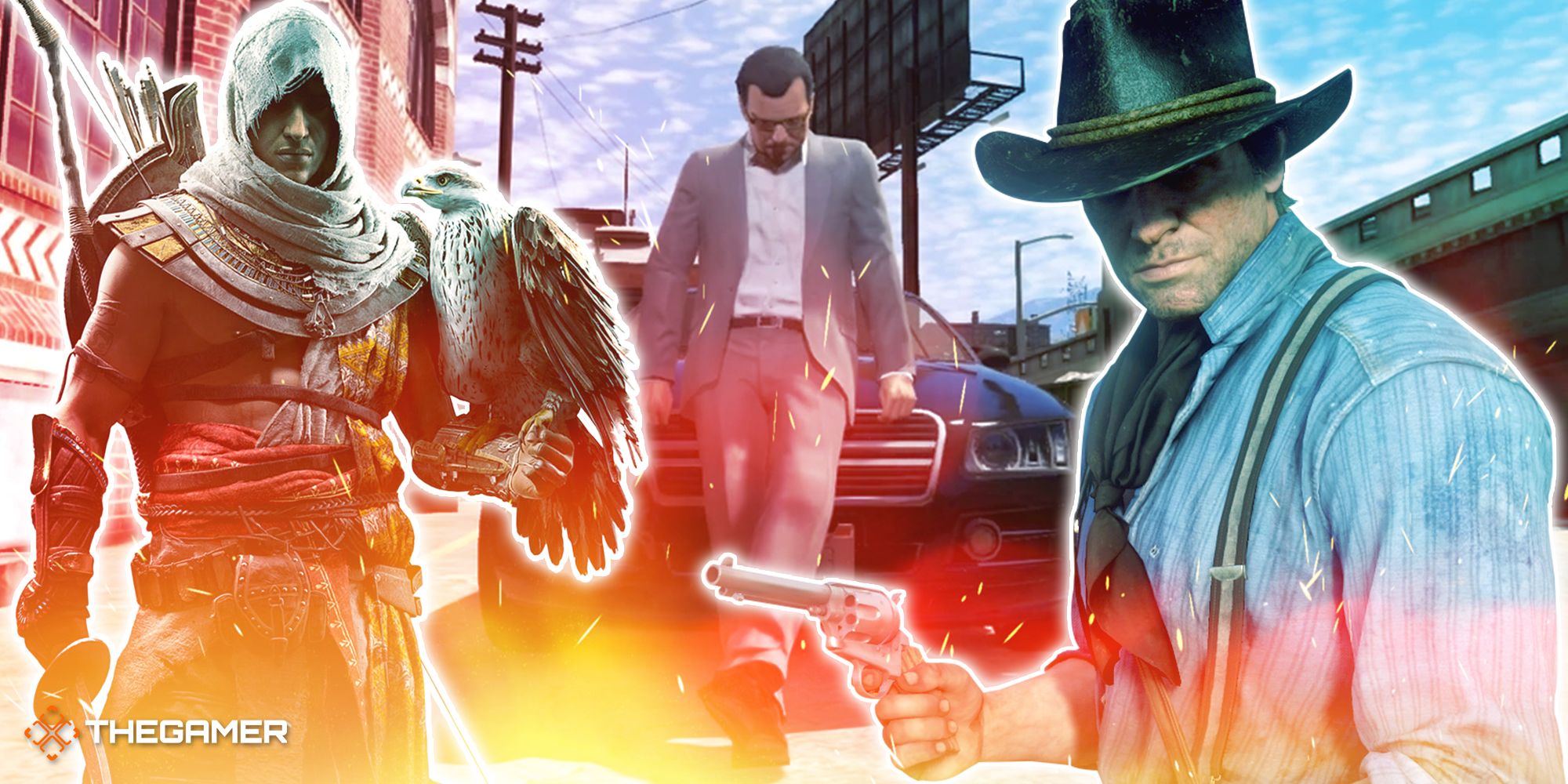 Game art from Grand Theft Auto 5, Red Dead Redemption 2 and Assassin's Creed Origins.