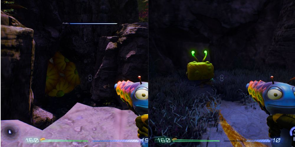 Several fan-leaves blocking an entrance into a small cavern. A yellow Luglox can be found at the back of this cavern.