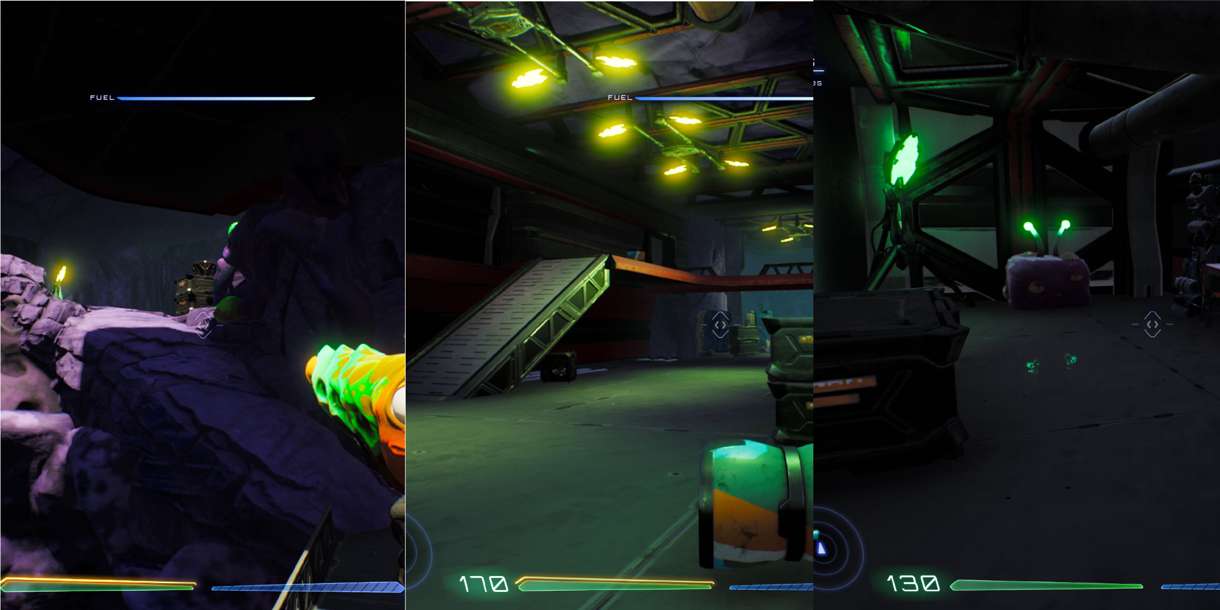 From left to right: A small rock path leading up to another floor. There's a walkway connecting to the second floor. A Luglox inside a room on the second floor.