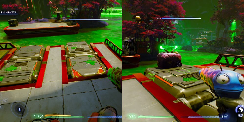 Two platforms on a dock with another one across the water. A Luglox sits on the edge of the platform on the right.