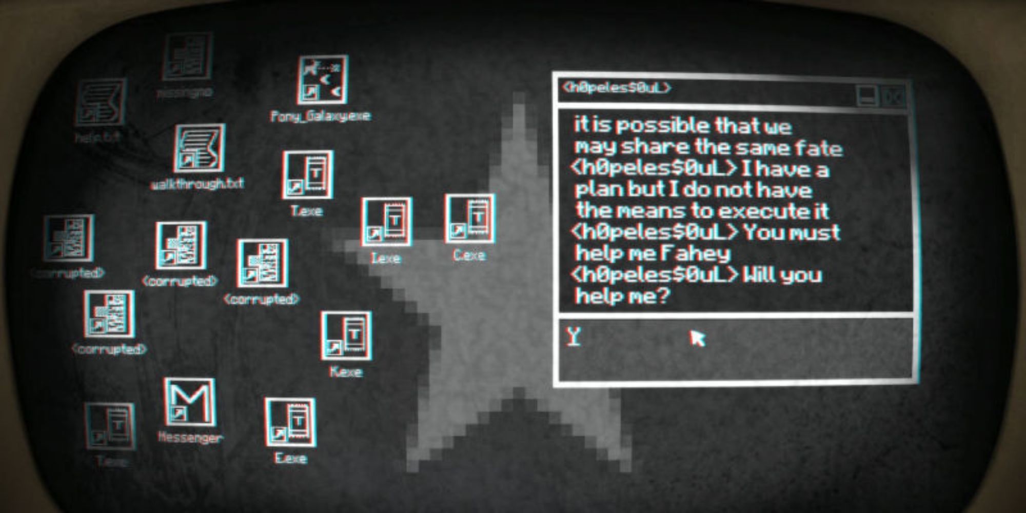 in the "desktop", h0peless$0uL chats the player asking for help 