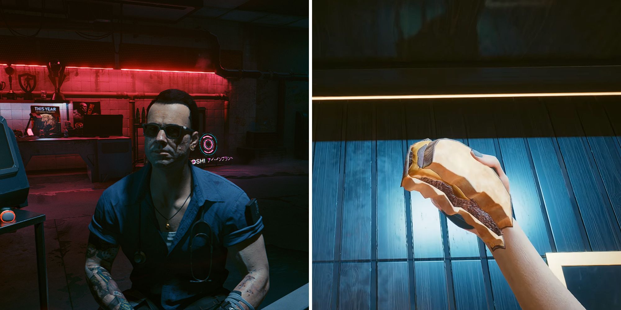 Vik sitting in front of the ripper chair; V holding a sandwich 