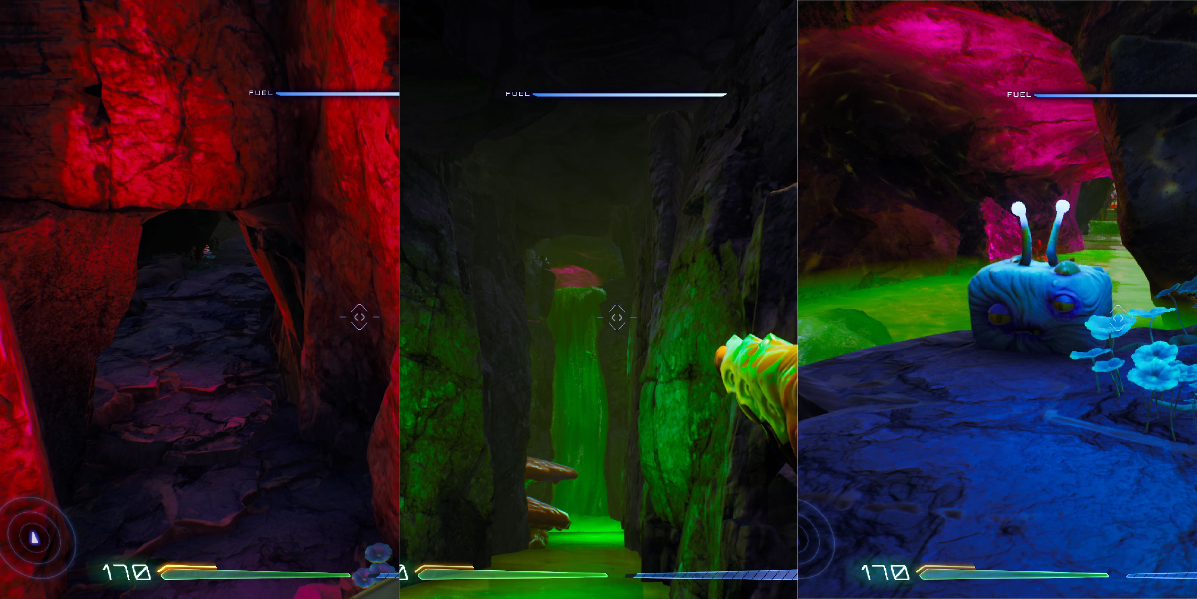 From left to right - a cave covered with shades of red, a waterfall at the back of a cavern, a Luglox at the top of the waterfall.