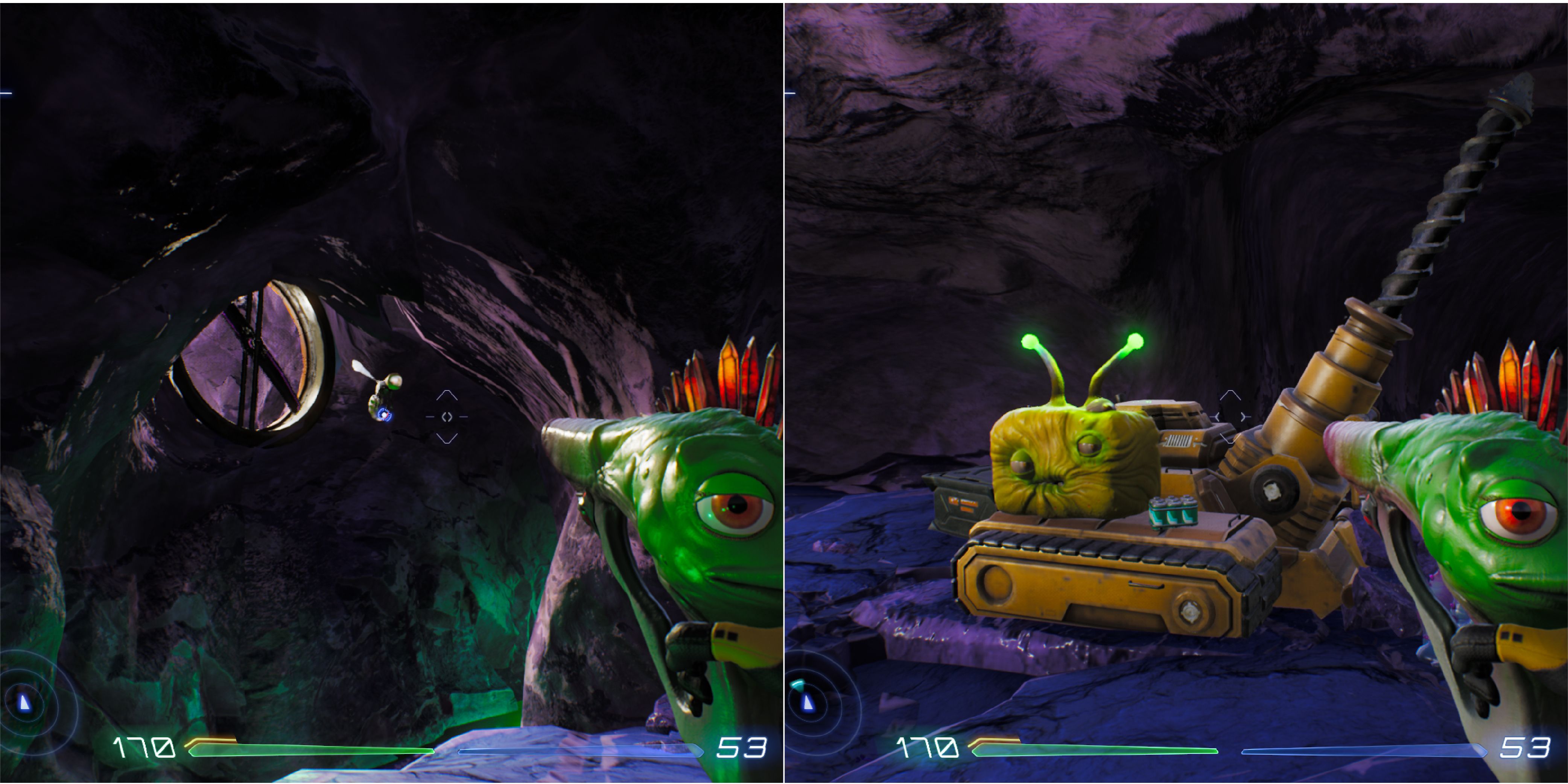 A vent in the ceiling of the cavern, with a flying bug in front of it. A Luglox sitting on top of some drilling machine.