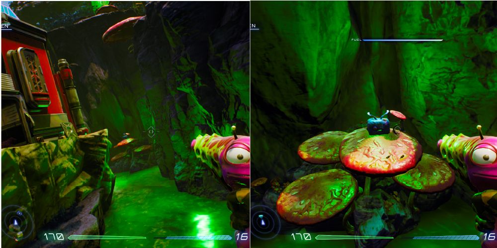 There's a small group of over-sized mushrooms growing close to the water's edge. A Luglox is sitting on top of the tallest one.