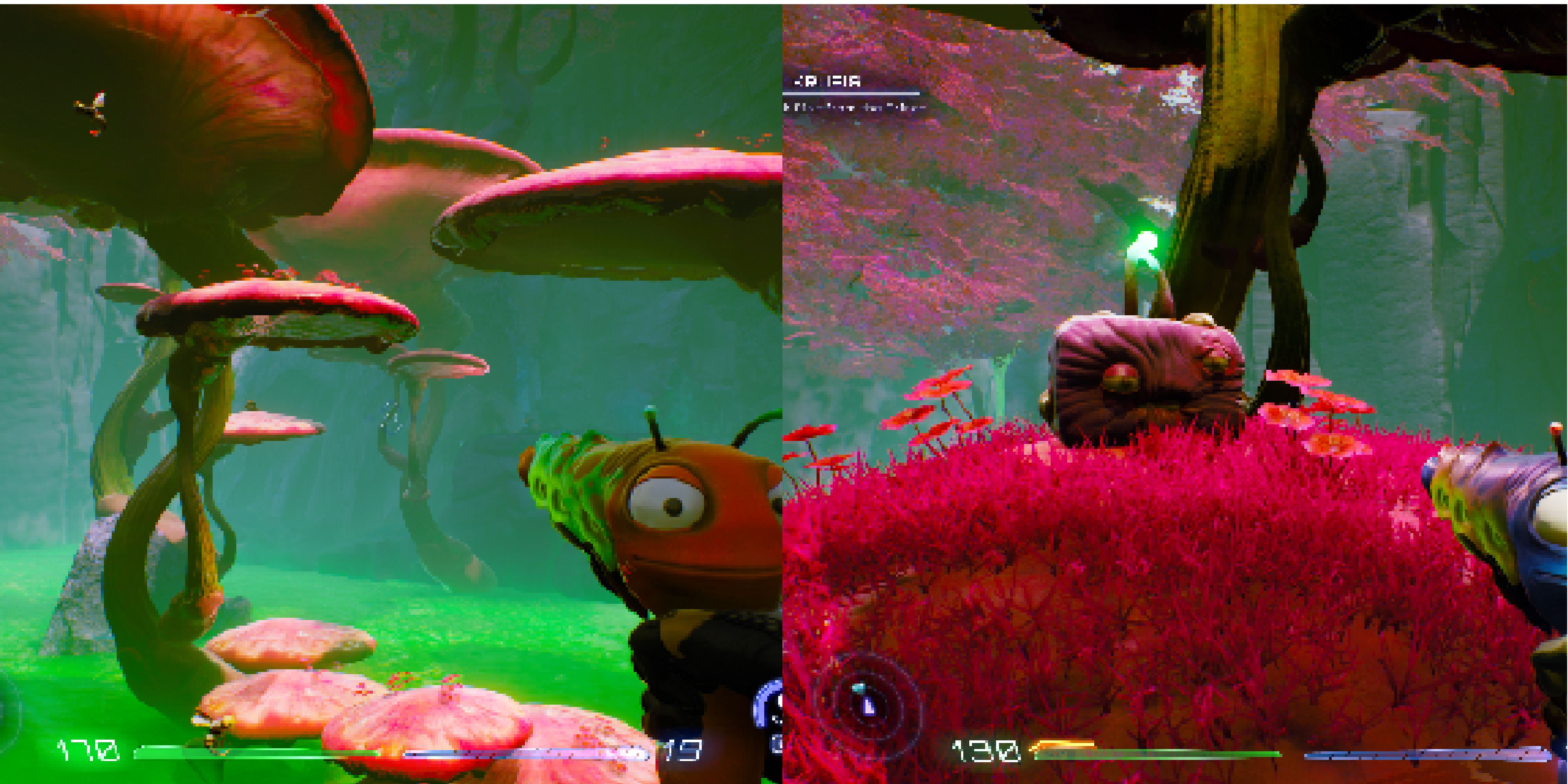 A valley occupied by large mushrooms coming out of the water. A Luglox can be found on one of the lower mushrooms.