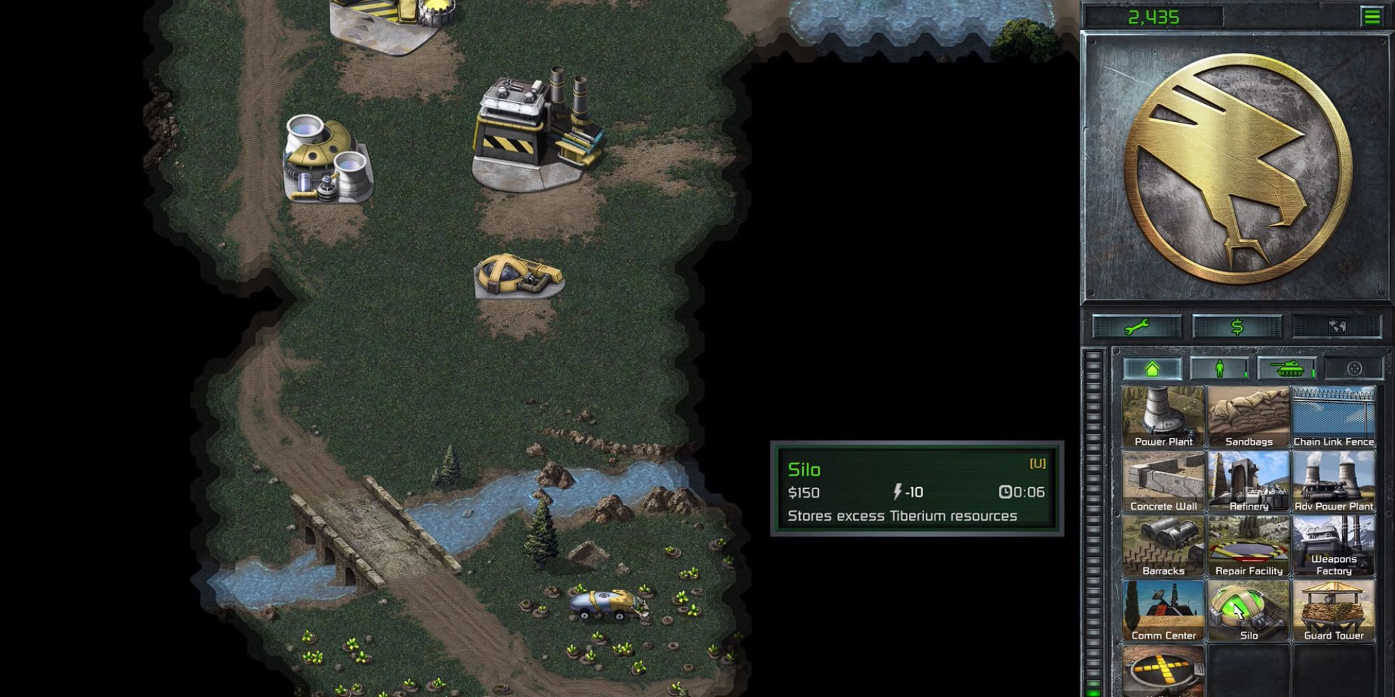 partial view of map as buildable structures are shown on menu, with Silo being hovered over