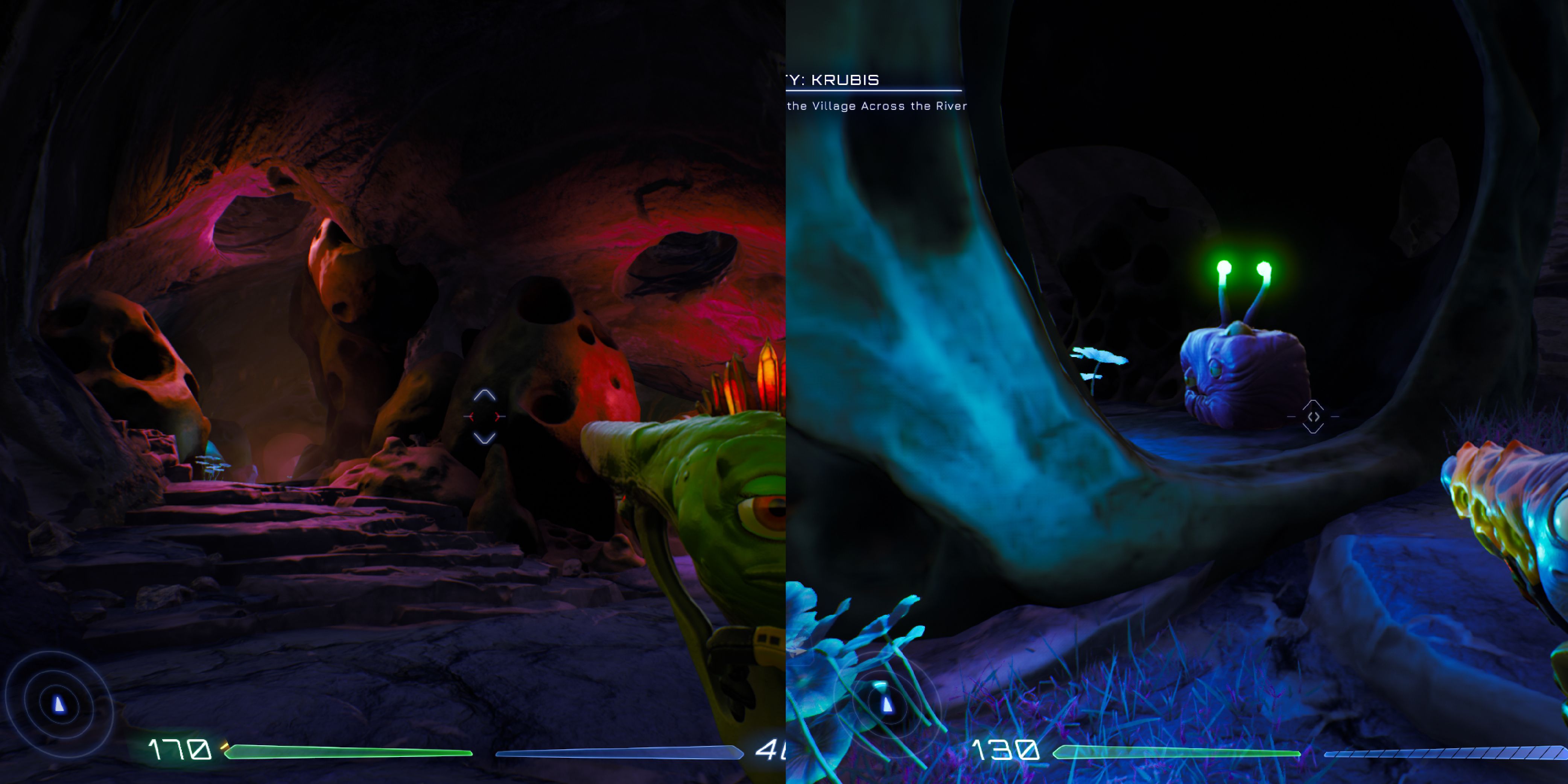 A small cave with stones covered in holes. A Luglox inside a large hollowed stone.