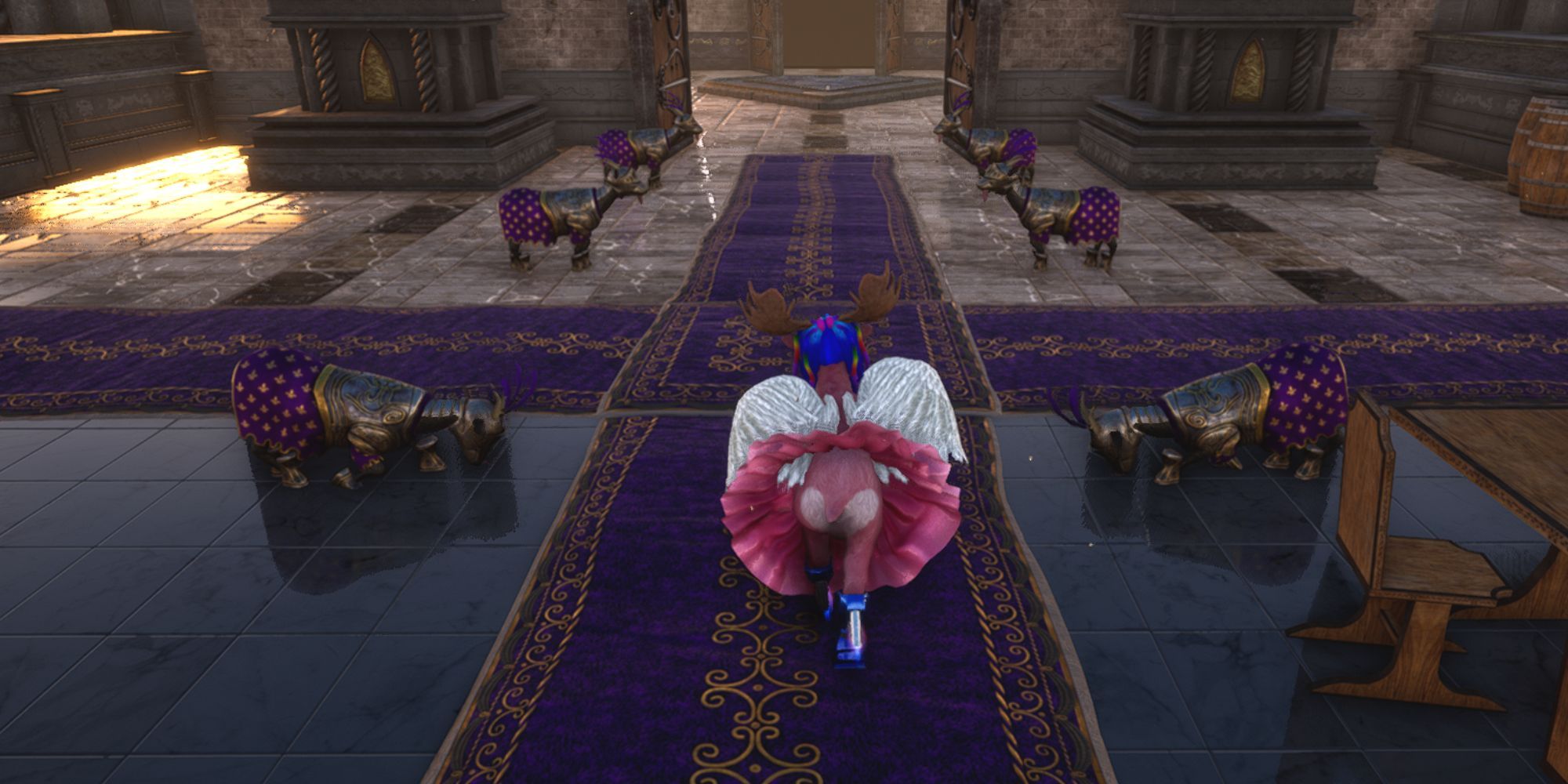 Goats in armor stand in line in the Goat Castle to greet Pilgor, with the two closest bowing down