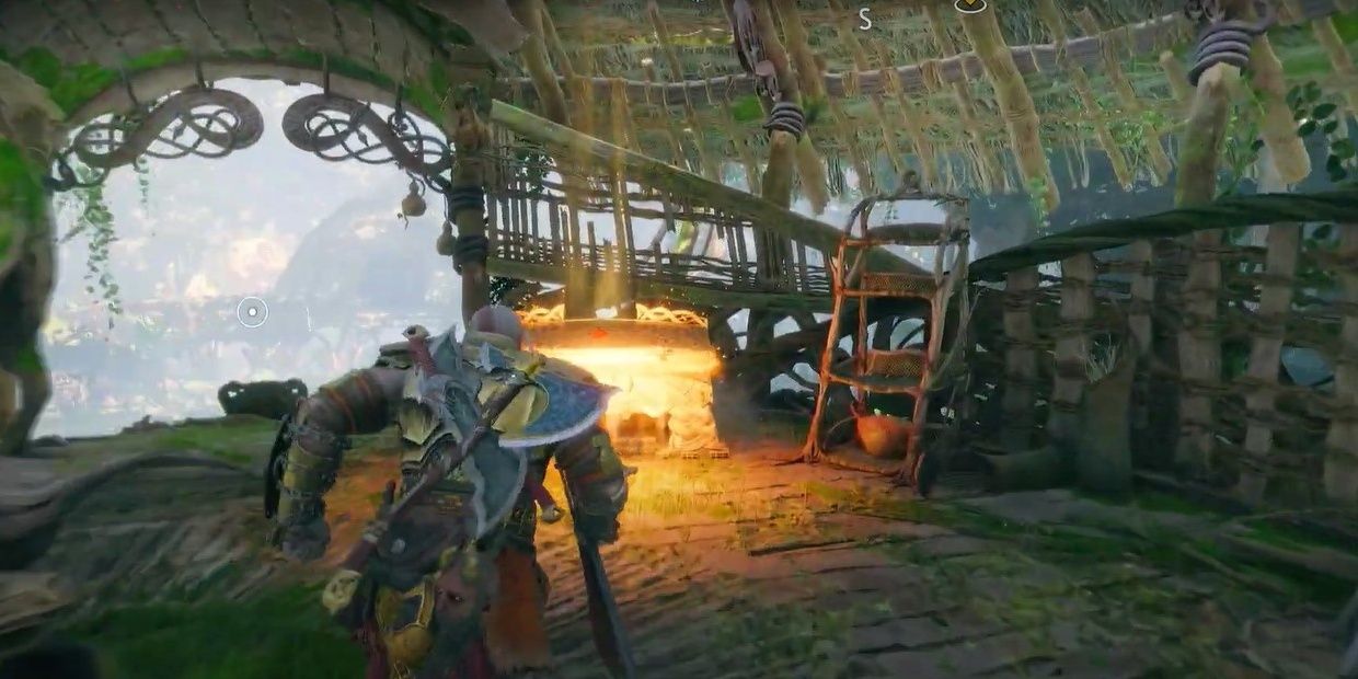 3 Kratos approaching legendary chest inside hut