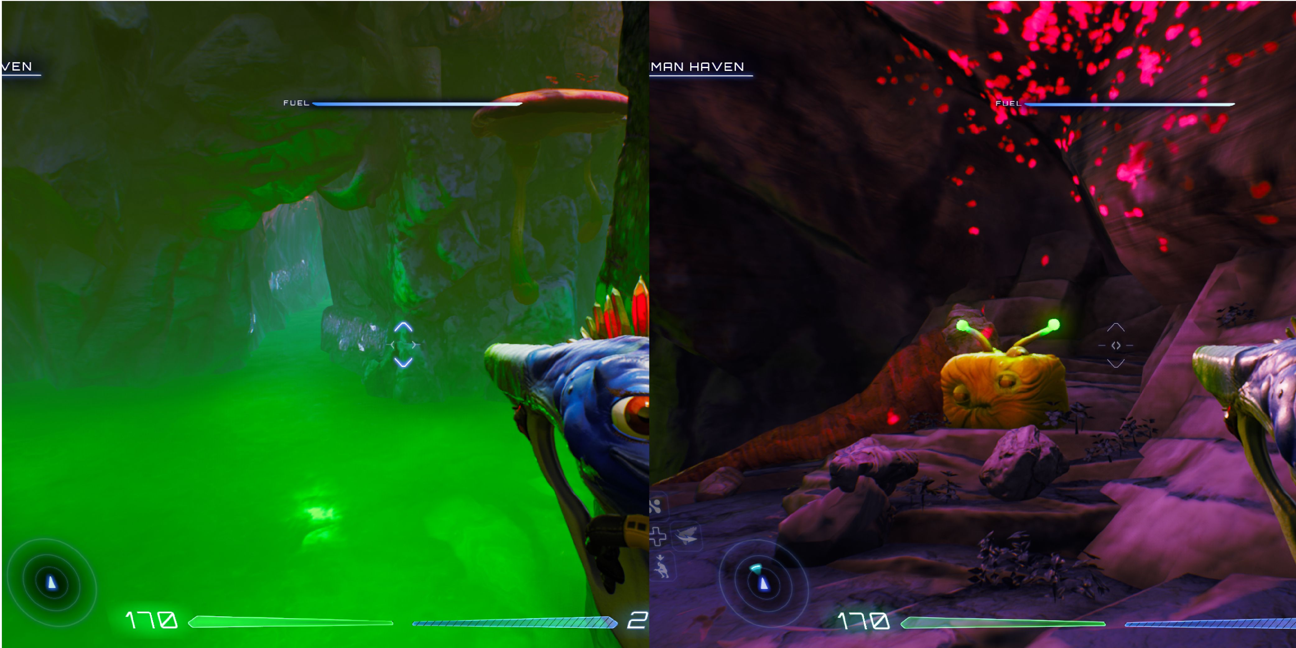 There's a cave entrance in the water with magnetic trails on either side. A Luglox sitting on a few rocks against a red dotted wall.