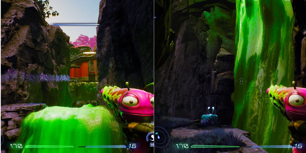 Behind the waterfall is a G3 warp base. A Luglox can be seen in front of the waterfall next to the base.